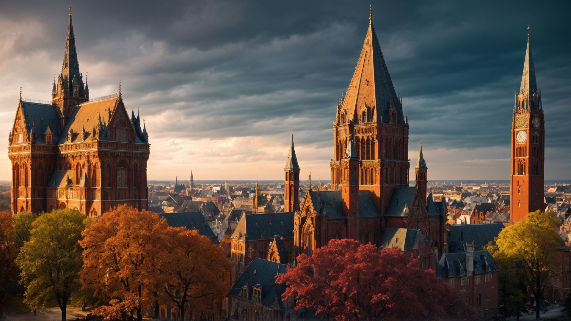Historic cityscape with Gothic architecture and autumn colors