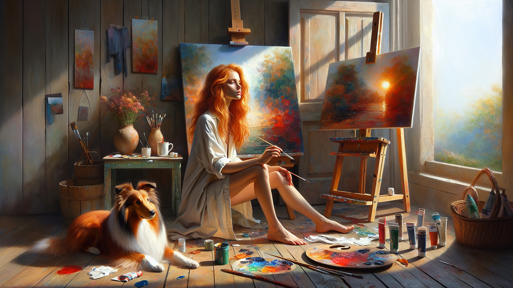 Art Studio Scene with Young Woman and Colorful Canvases