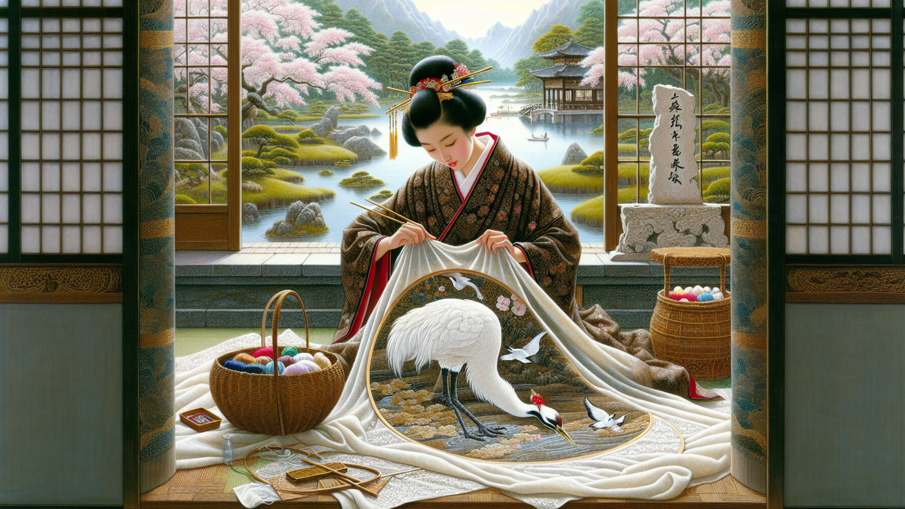 Young Woman Embroidering Cranes and Blossoms in Japan