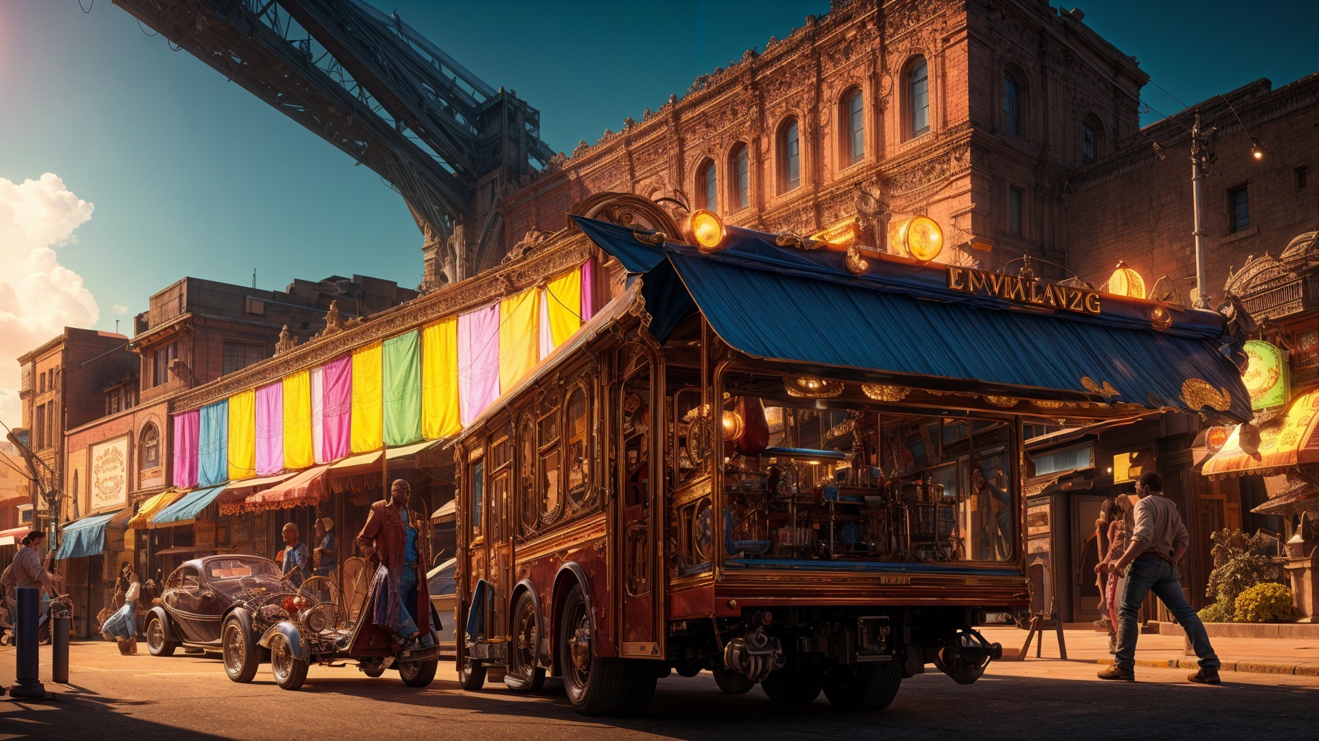 Vintage Bus in Colorful Street Scene with Historic Buildings