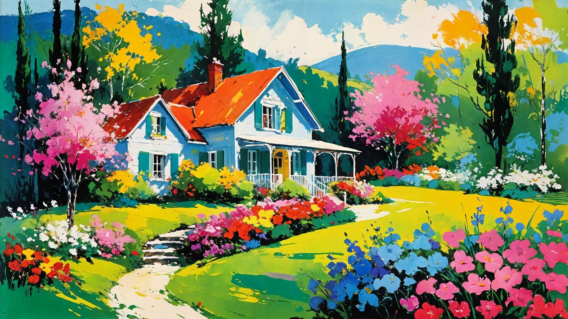 Cottage in a Colorful Spring Garden Setting