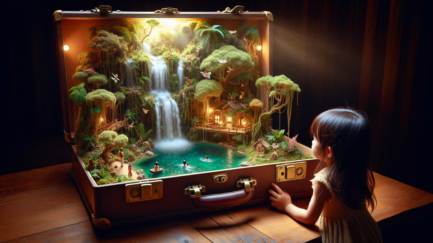 Whimsical Diorama in Open Suitcase with Miniature Paradise
