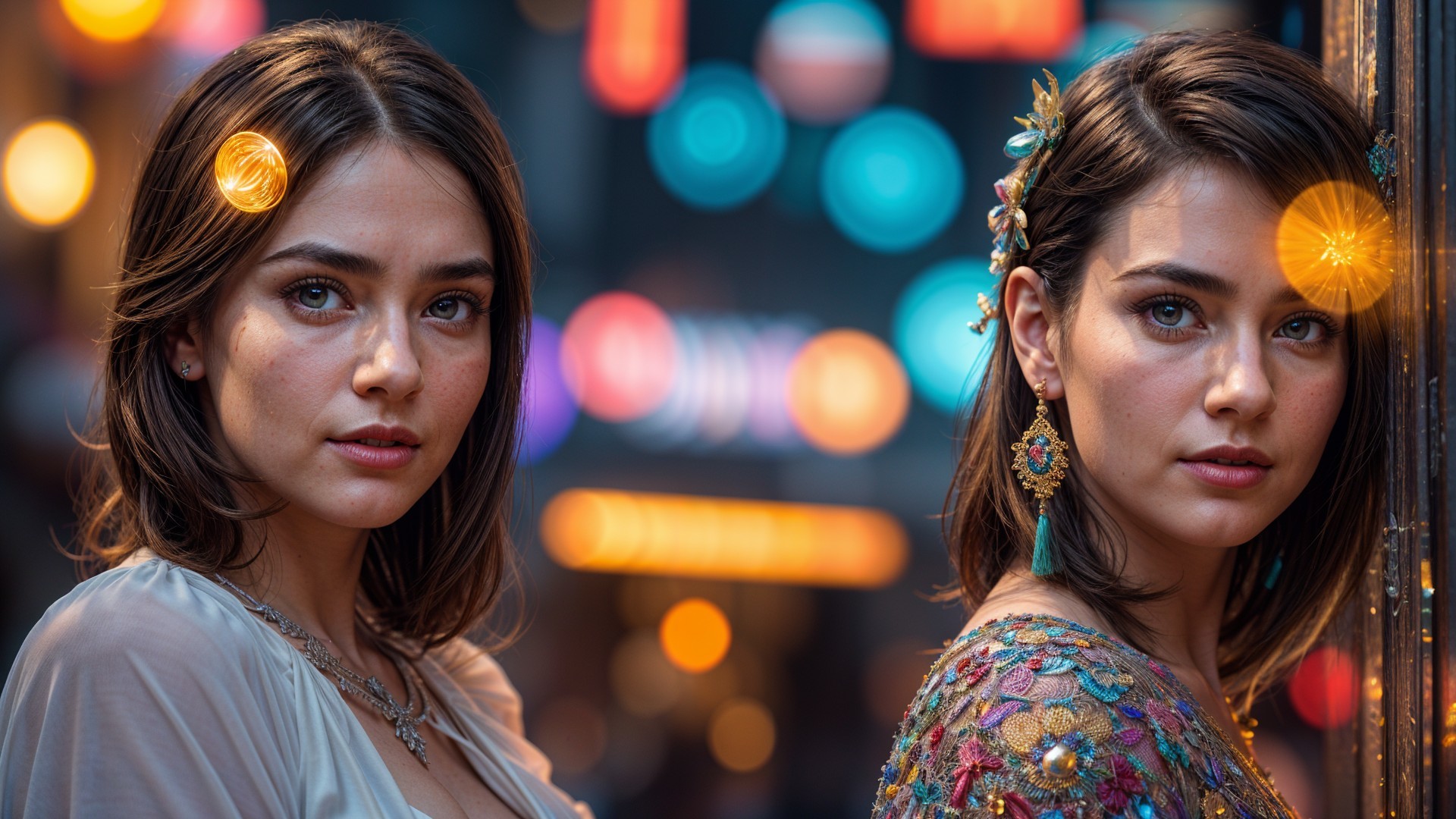 Young Women in Vibrant Urban Setting with Bokeh Lights