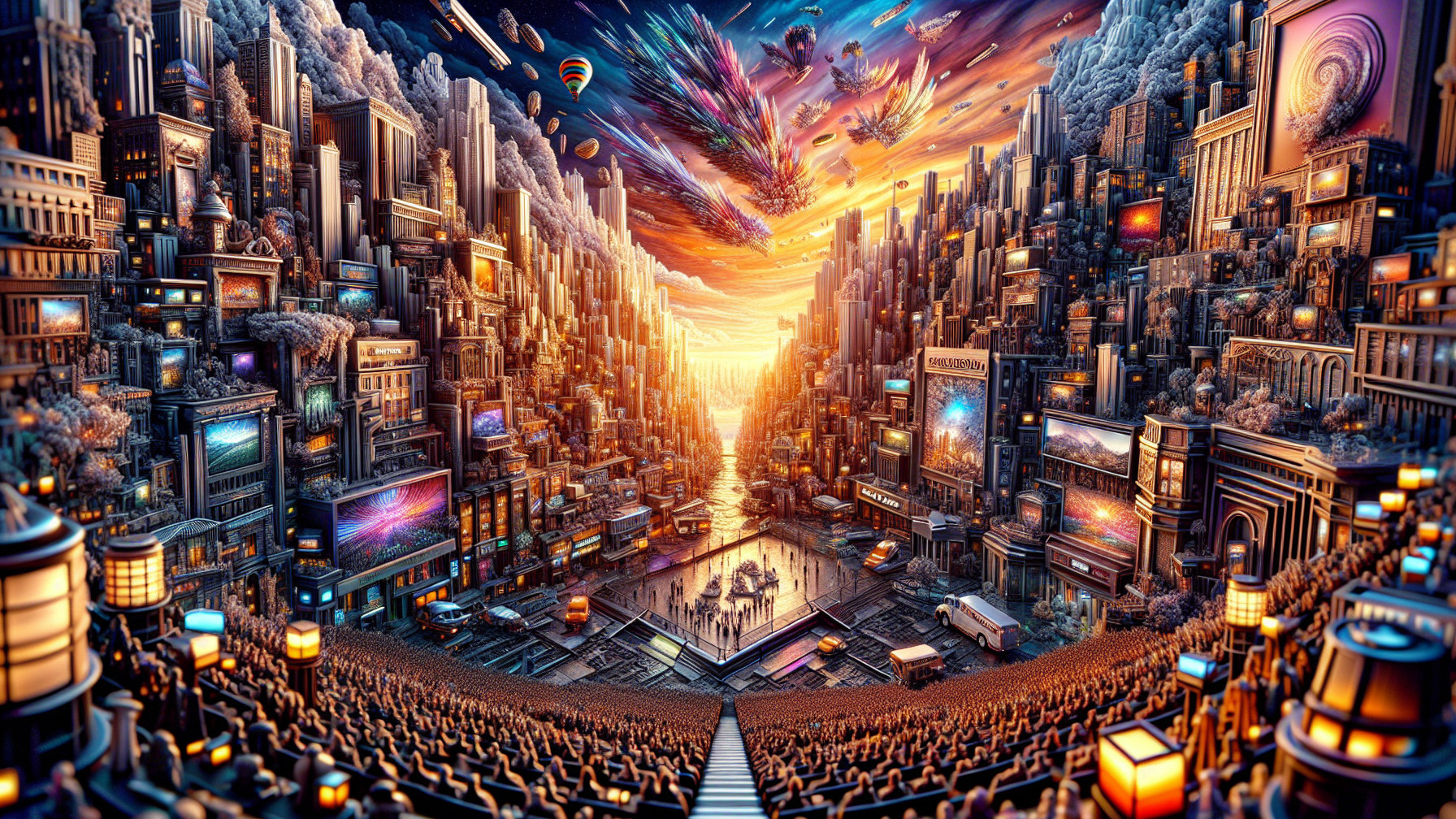 Futuristic cityscape with vibrant sunset and performances