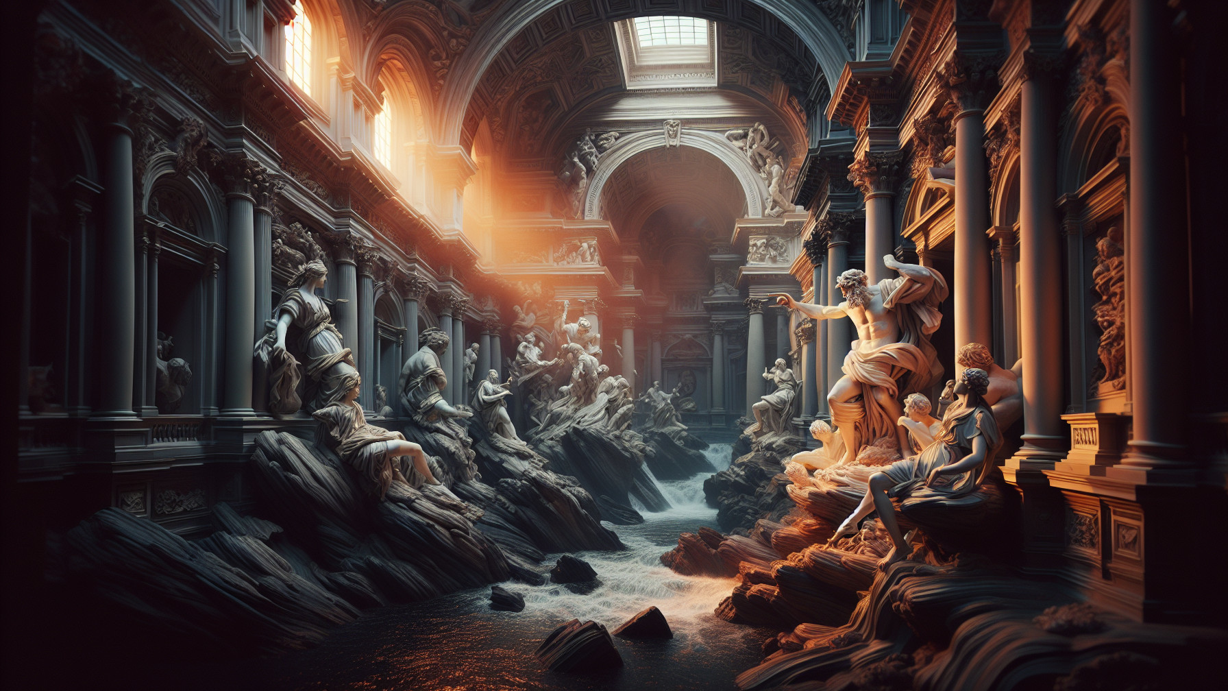 Dimly Lit Hall with Marble Sculptures and Water Features
