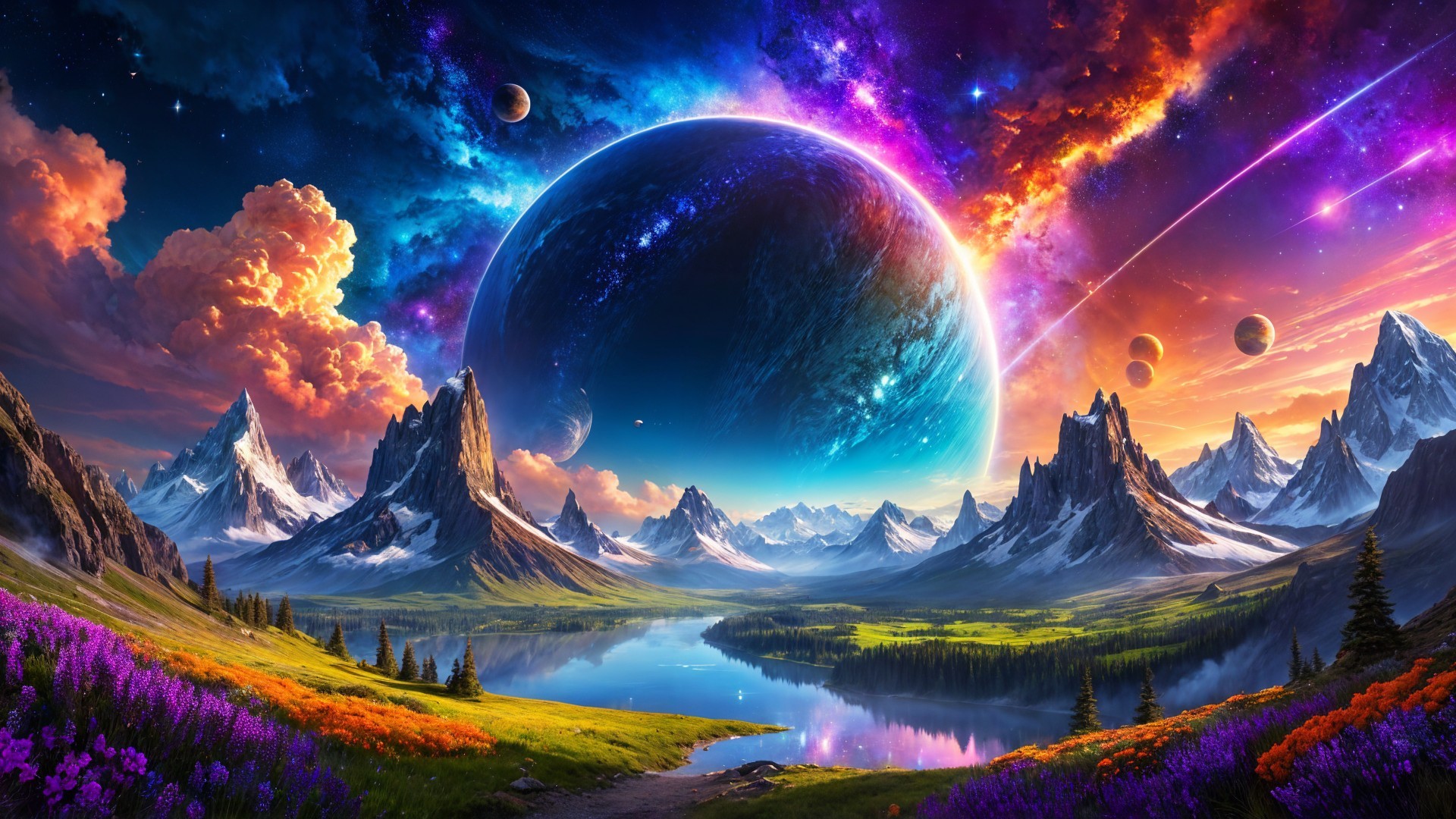 Vibrant Cosmic Landscape with Colorful Planet and Nature