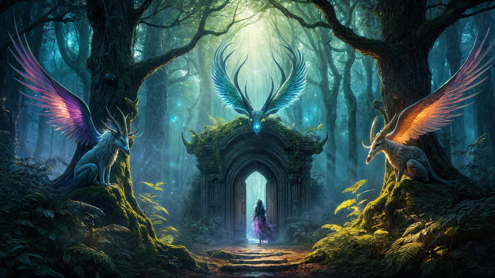 Mystical forest with ancient archway and creatures