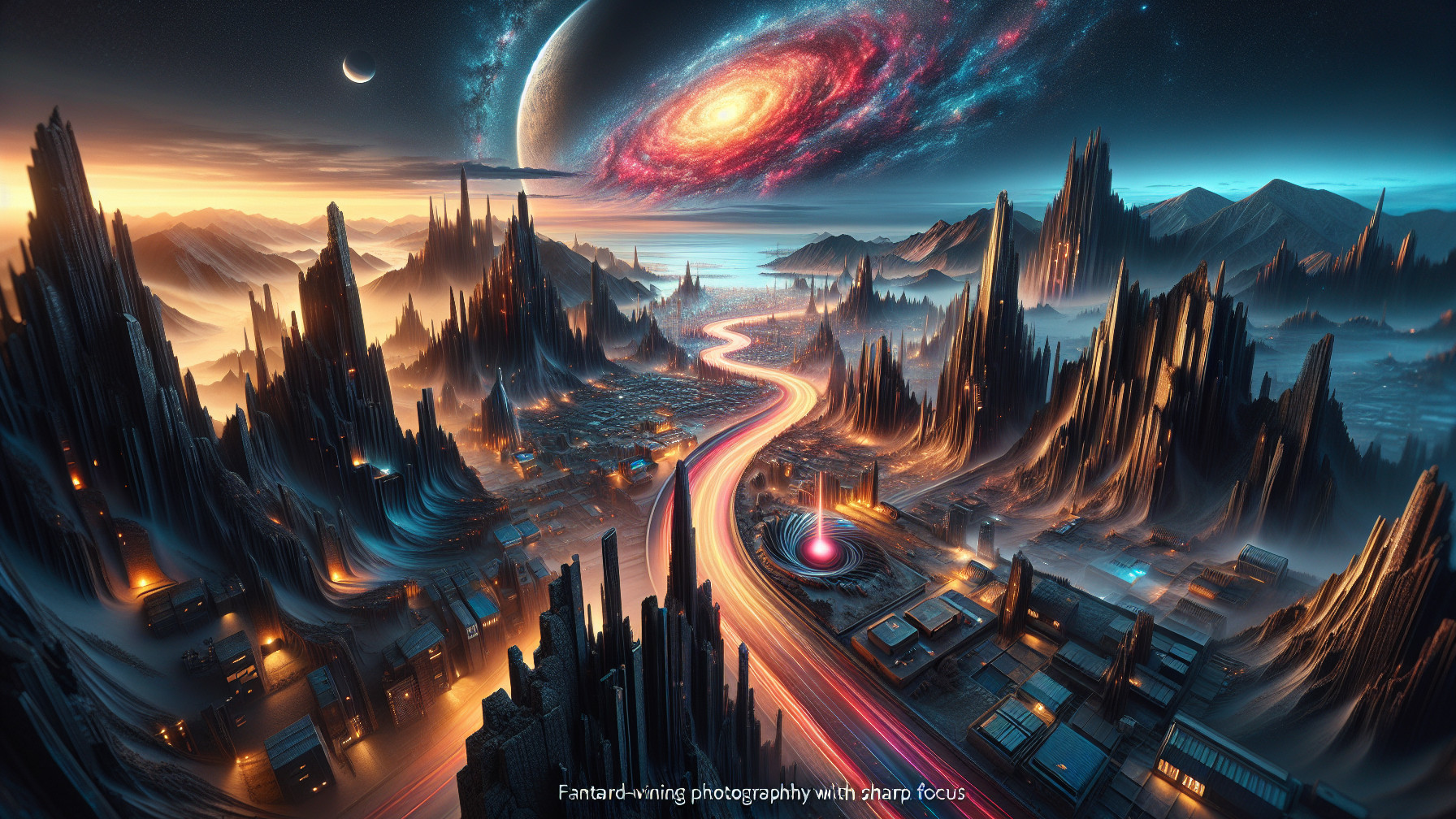 Futuristic Landscape with Mountains and Vibrant City