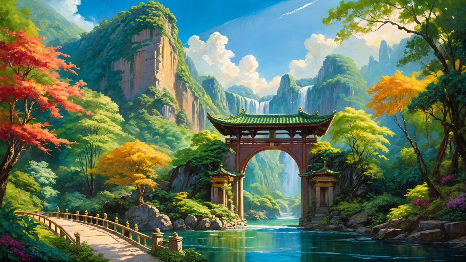Vibrant Landscape with River and Autumn Trees