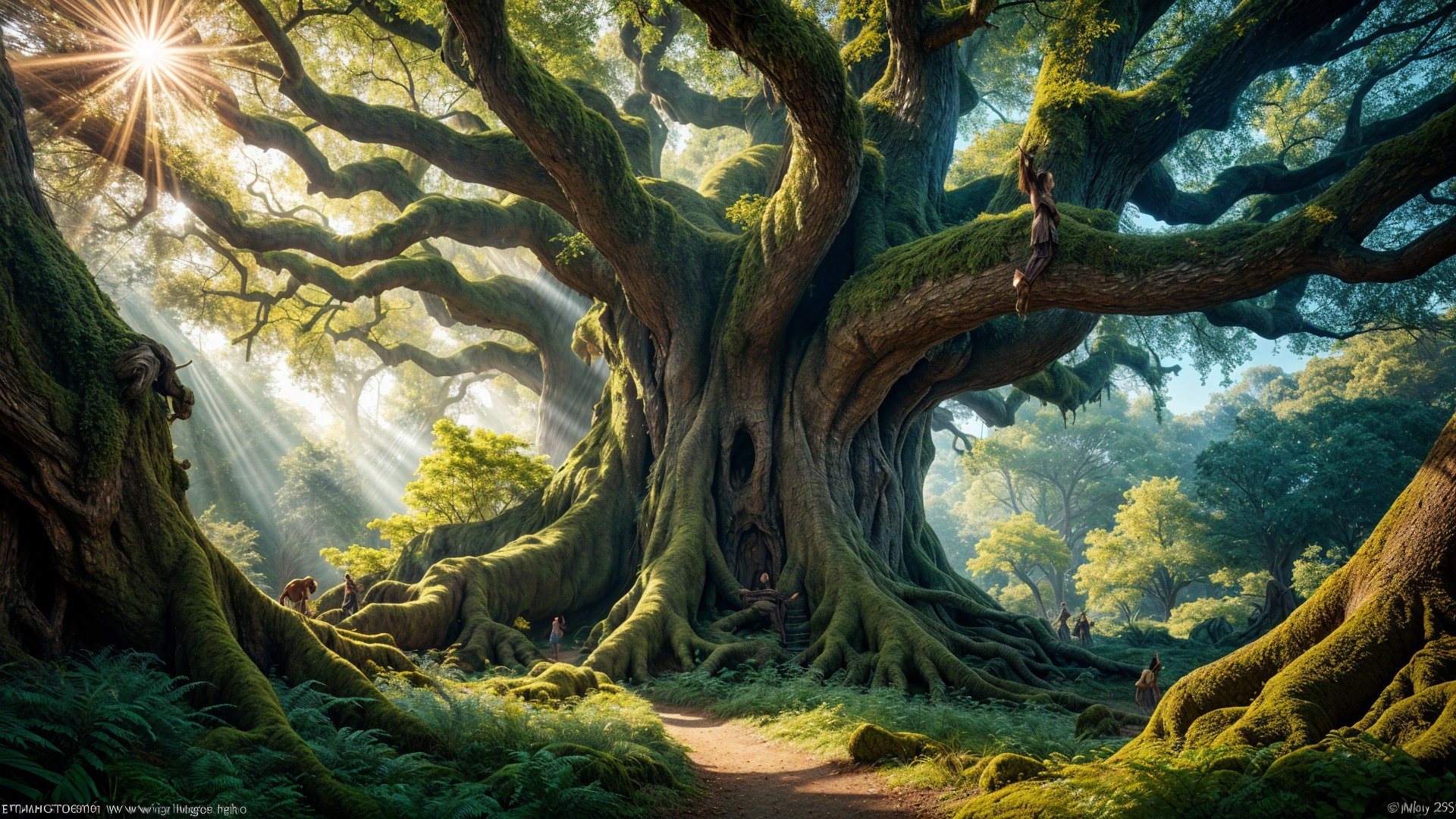 Ancient Tree in Lush Forest with Sunlight and Moss