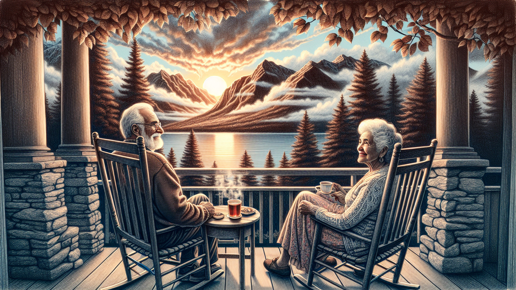 Elderly Couple Enjoys Sunrise on Lakefront Porch