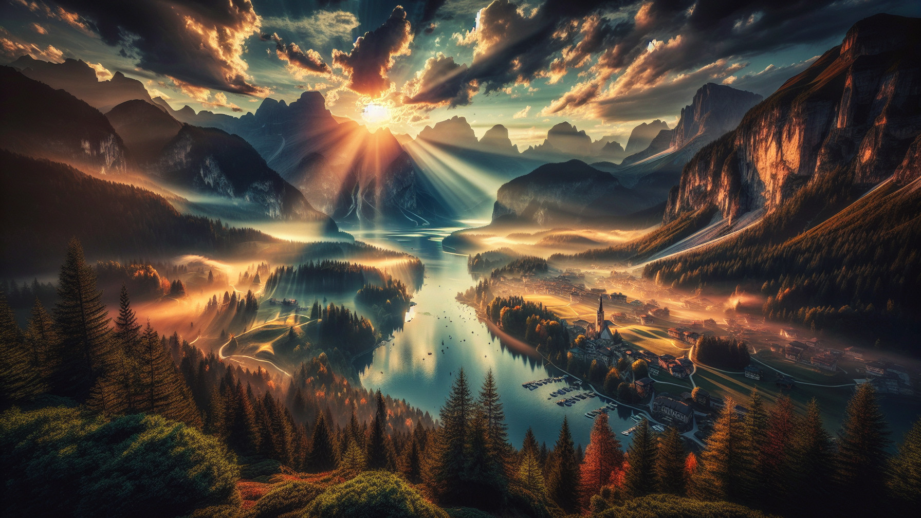 Sunrise Landscape with Lake, Forests, and Mountains