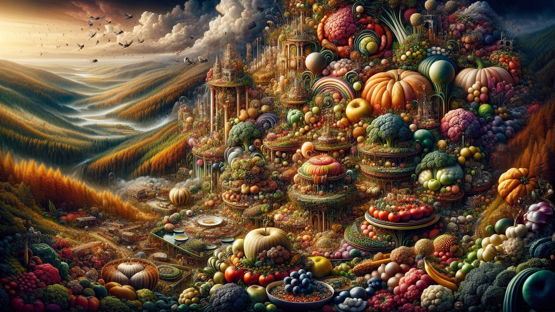 Vibrant Landscape with Colorful Produce and Gardens