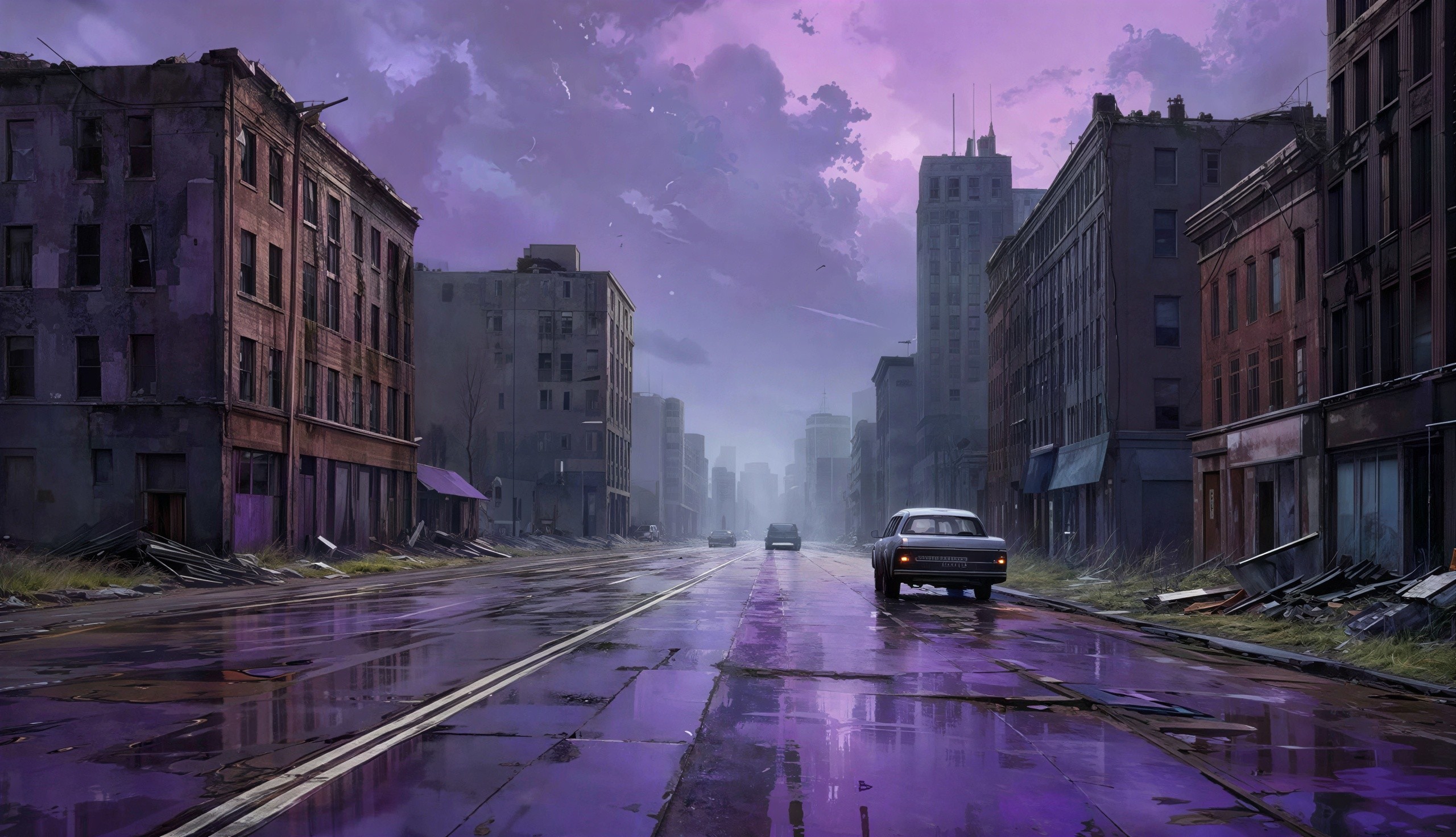 Abandoned City Street Scene Under Purple Sky