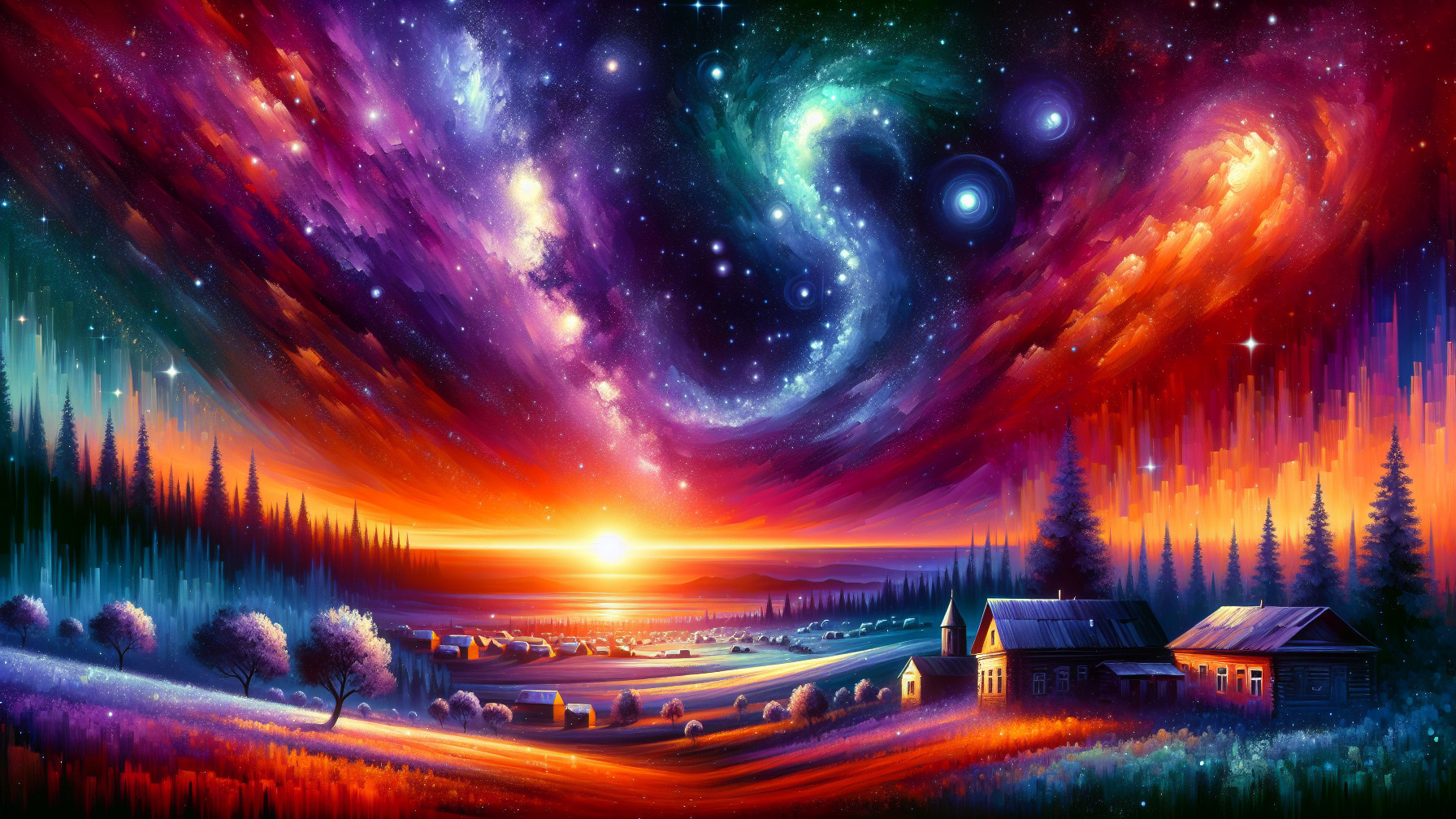 Cosmic Landscape with Vibrant Colors and Countryside