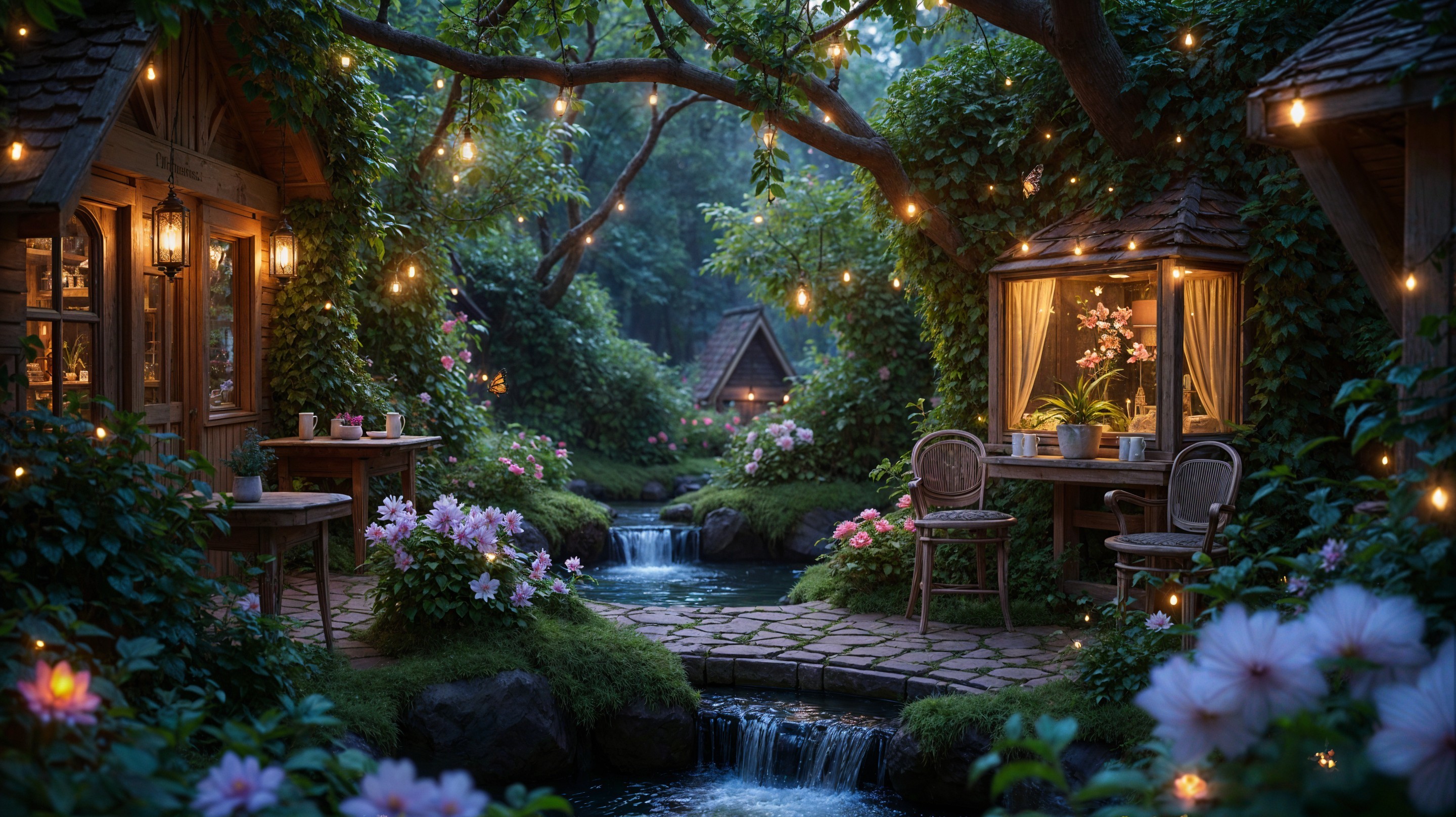 Enchanting Garden at Dusk with Twinkling Lights
