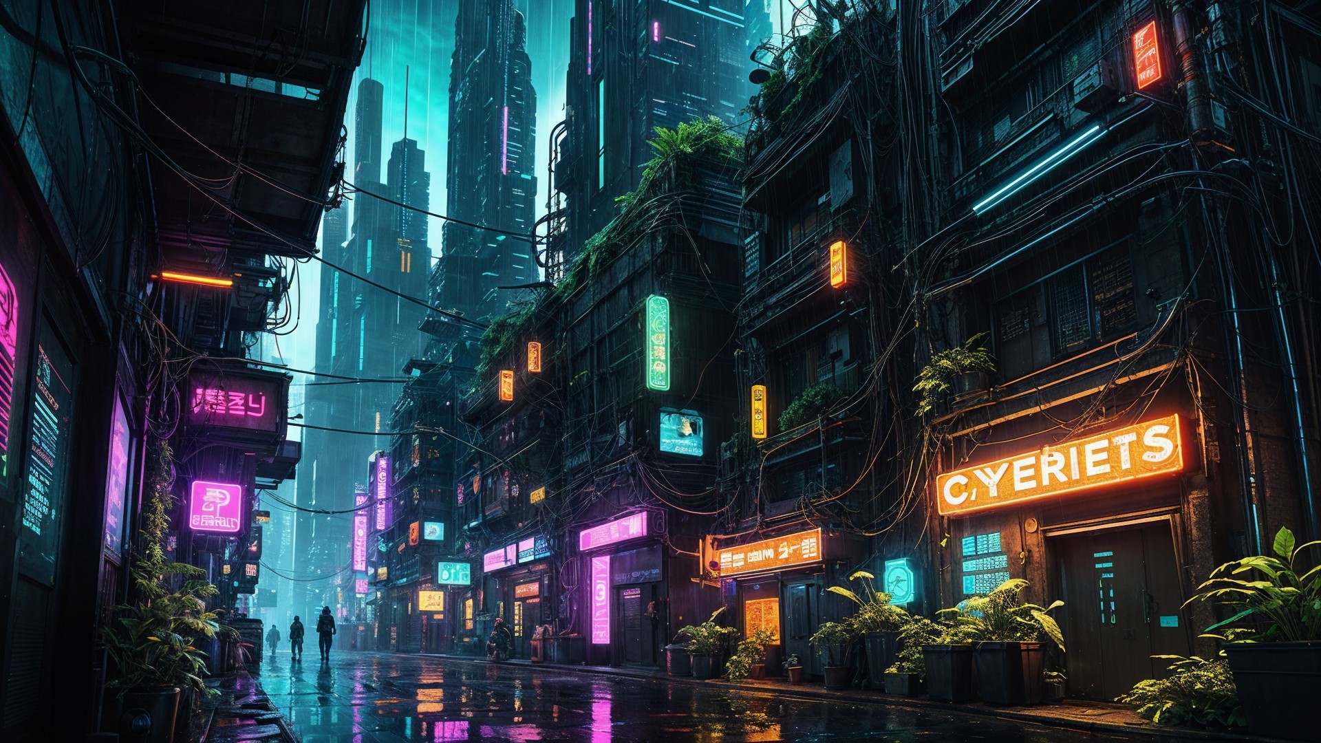 Futuristic Night Cityscape with Neon Alleyways