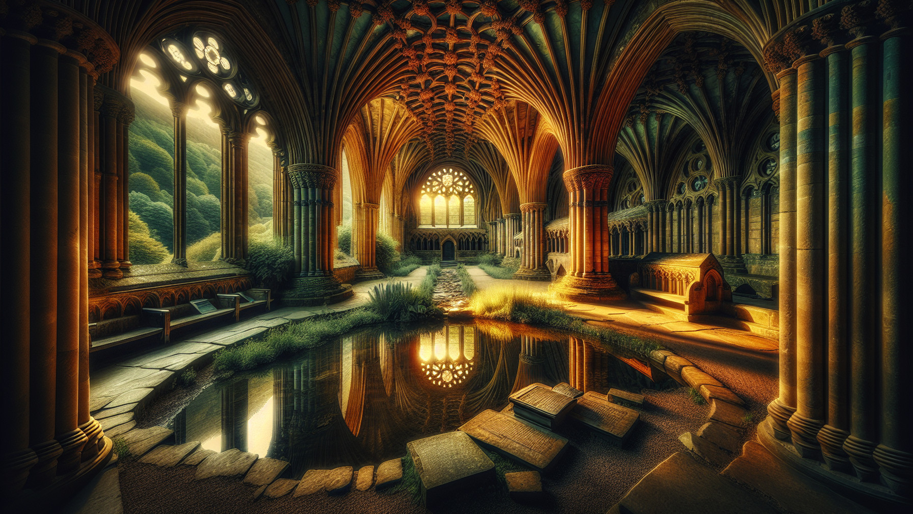 Grand Ancient Cathedral Interior with Stained Glass