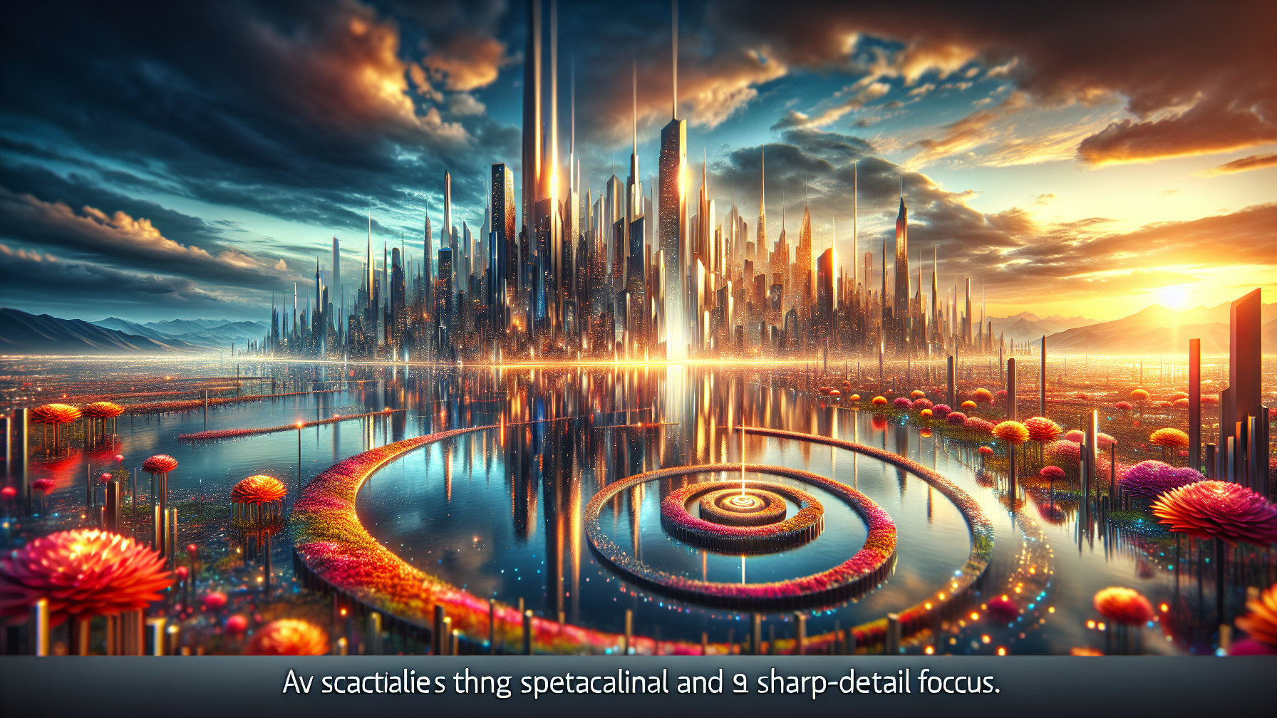 Futuristic Cityscape with Floral Elements and Water