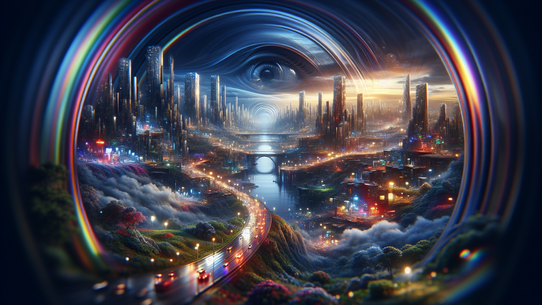 Futuristic cityscape with vortex and surreal elements