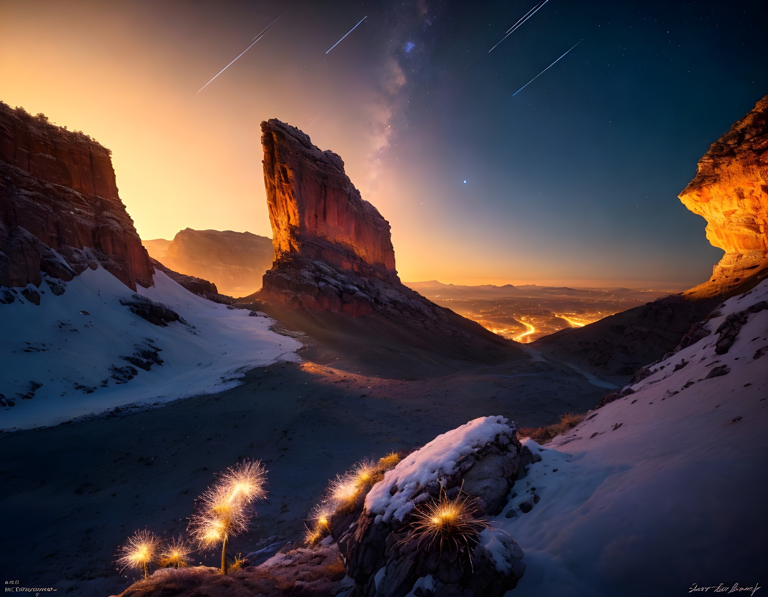 Twilight Landscape with Rock Formations and Shooting Stars