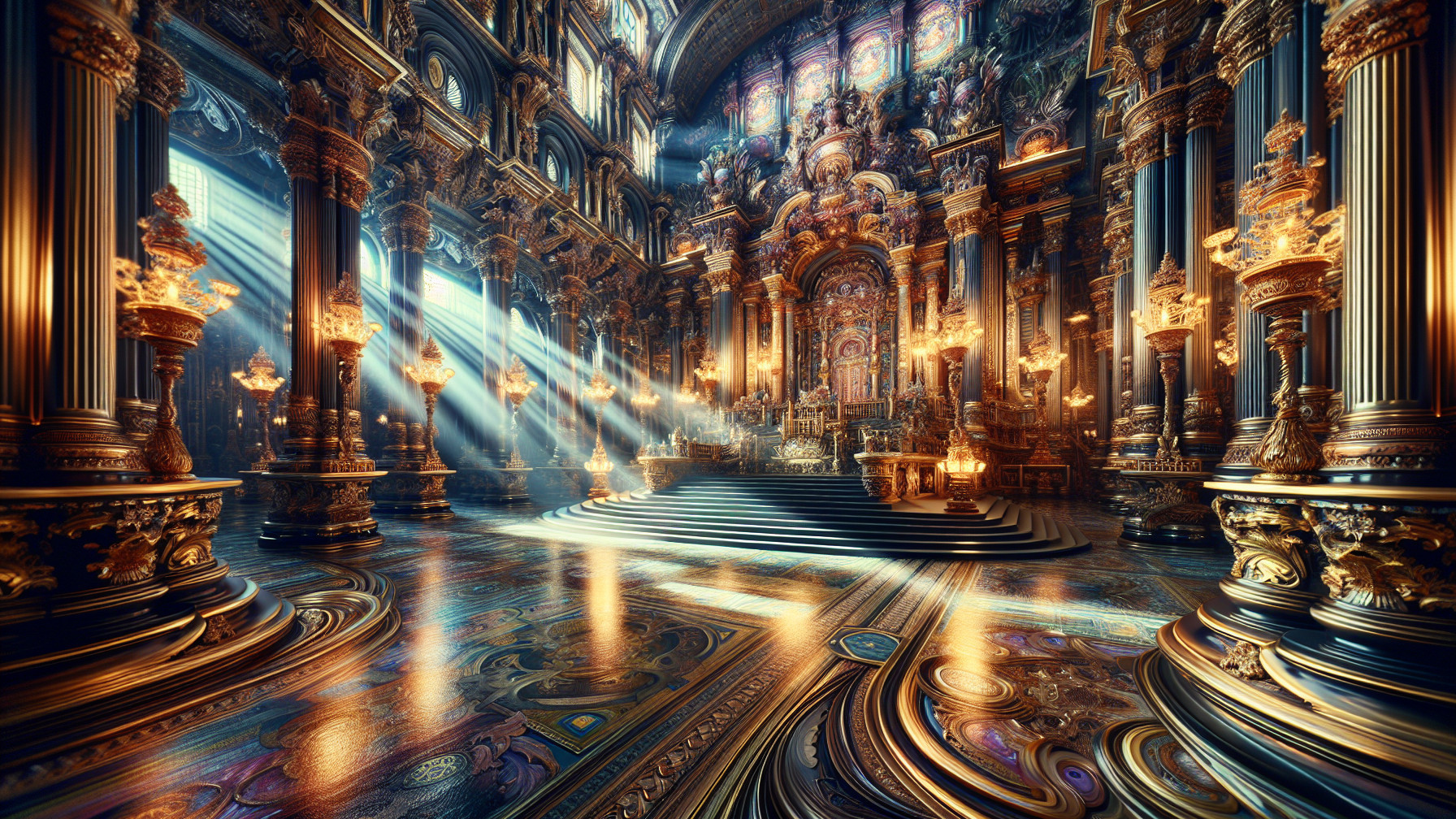 Opulent hall with ornate windows and carved columns