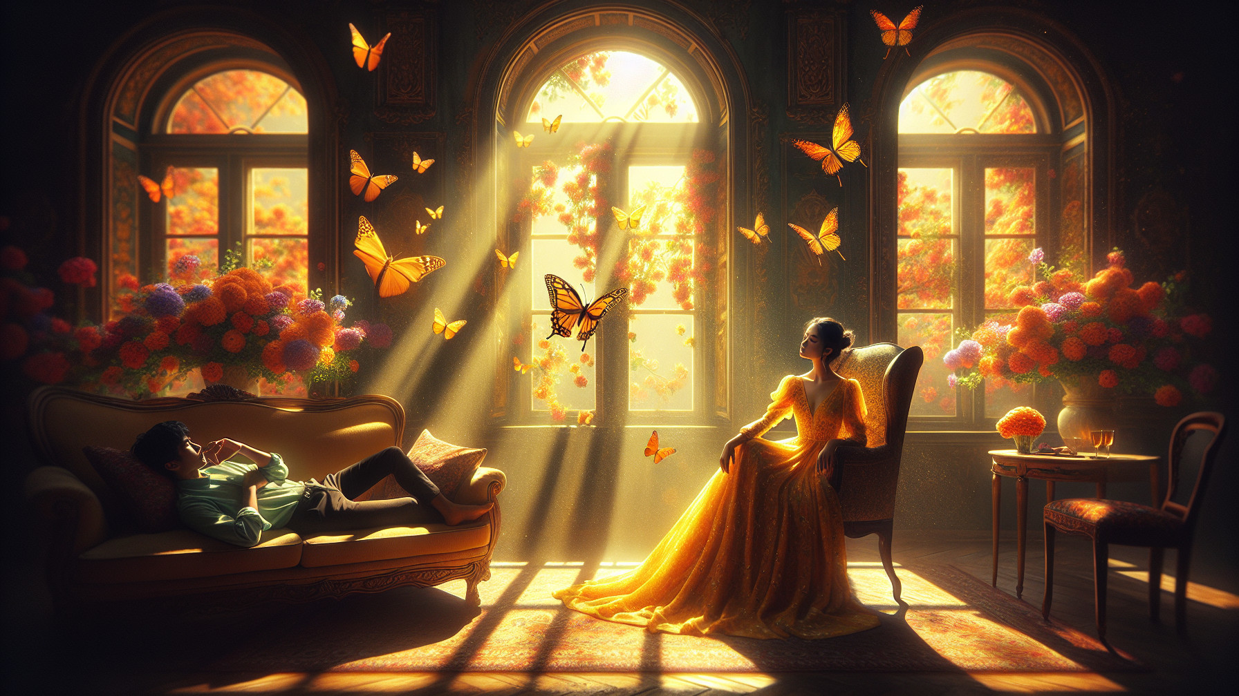 Sunlit Room with Woman in Golden Gown and Butterflies