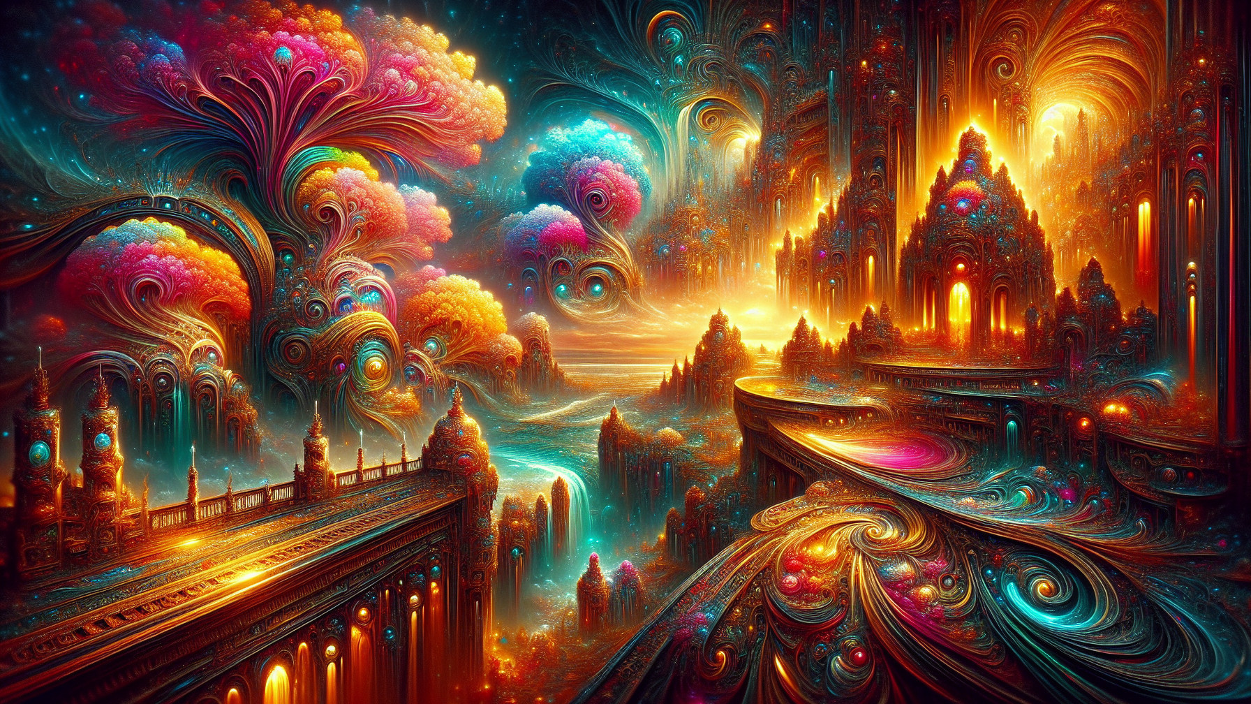Vibrant Fantastical Landscape with Majestic Structures