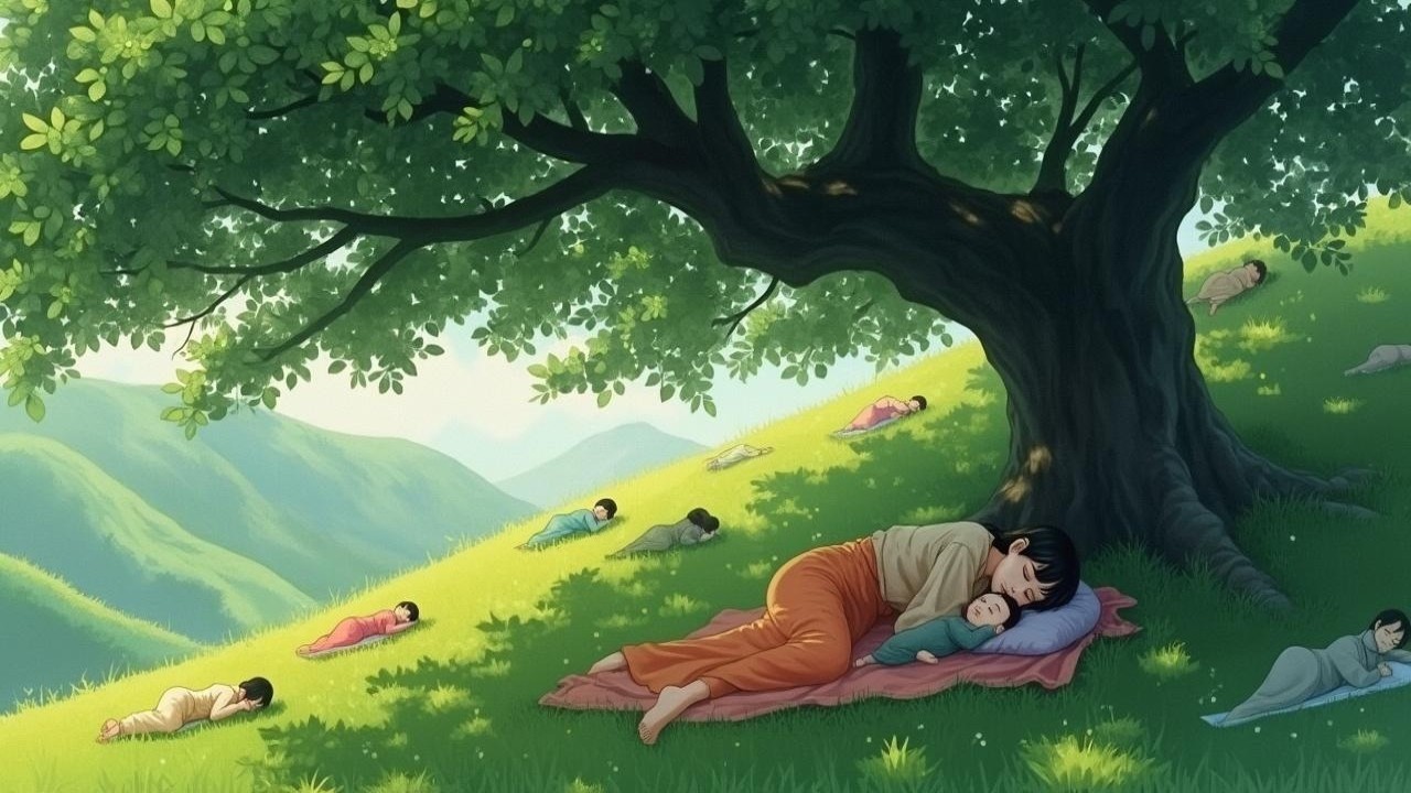 Serene landscape with a woman and child under a tree