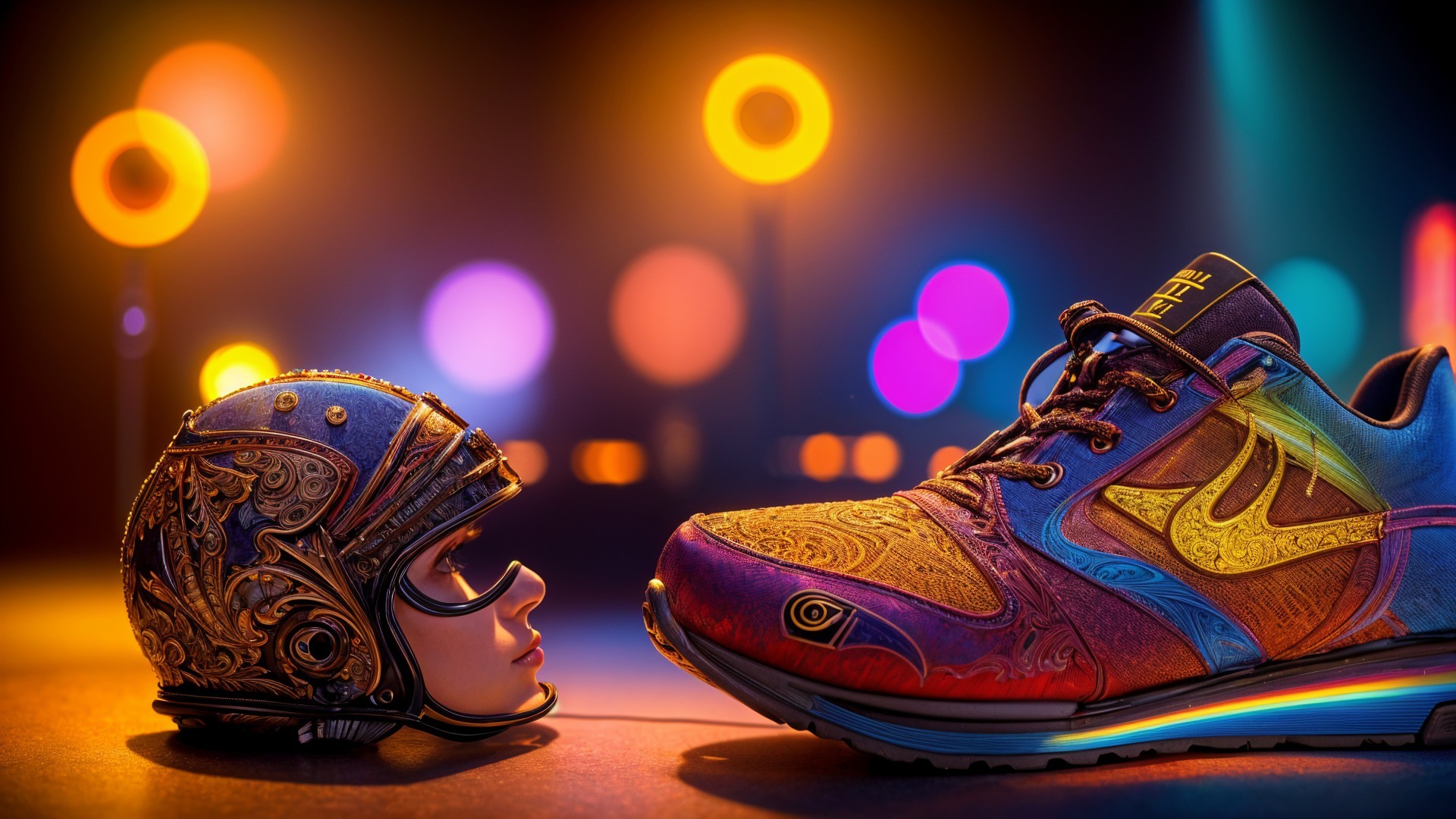 Vibrant Sneaker and Ornate Helmet in Colorful Setting
