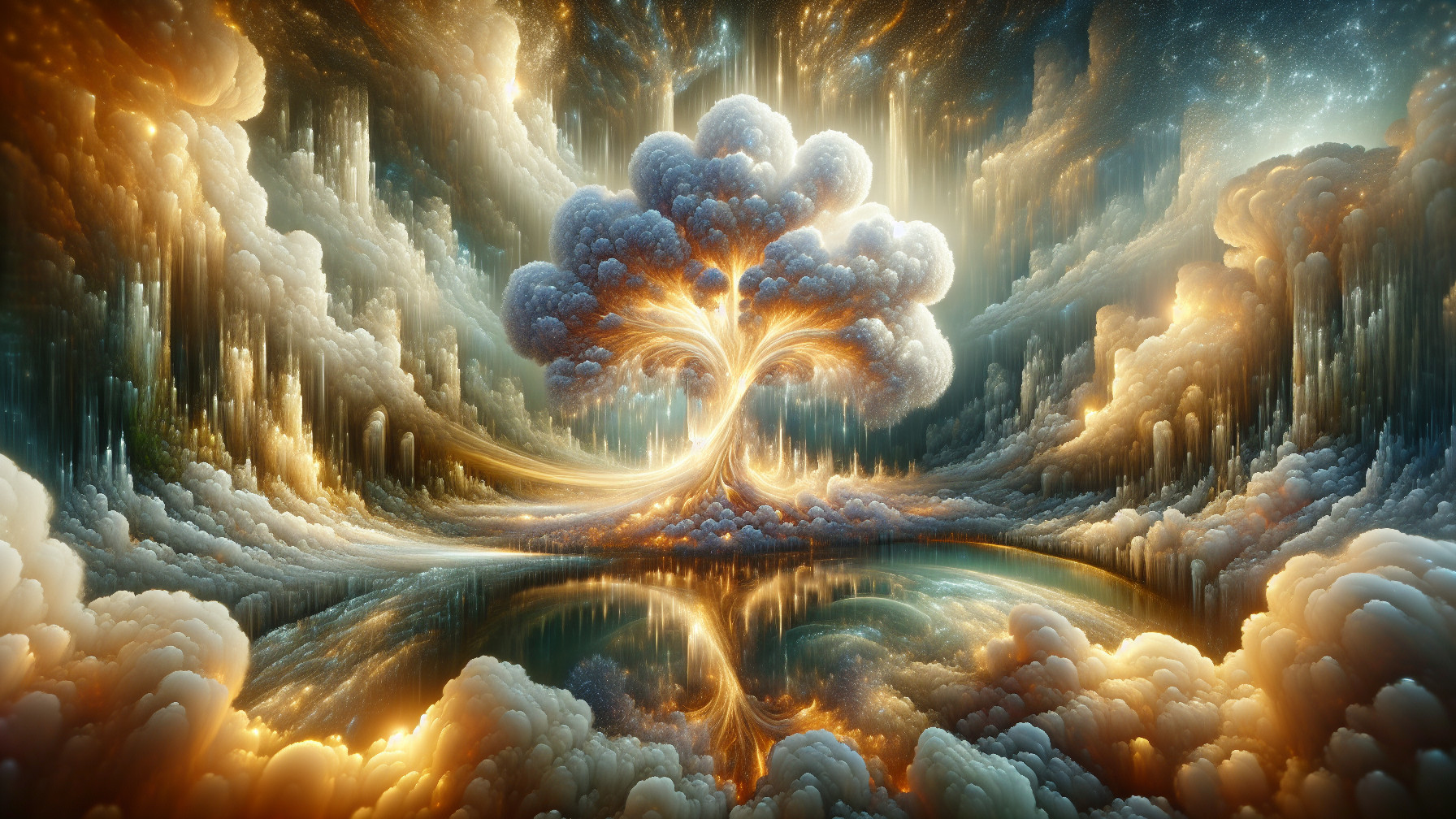 Majestic luminous tree amidst serene pastel clouds