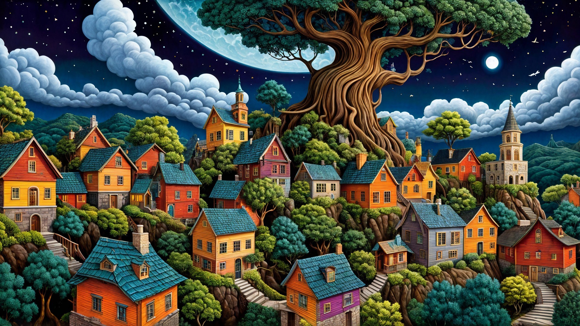 Whimsical village with colorful houses and a tree