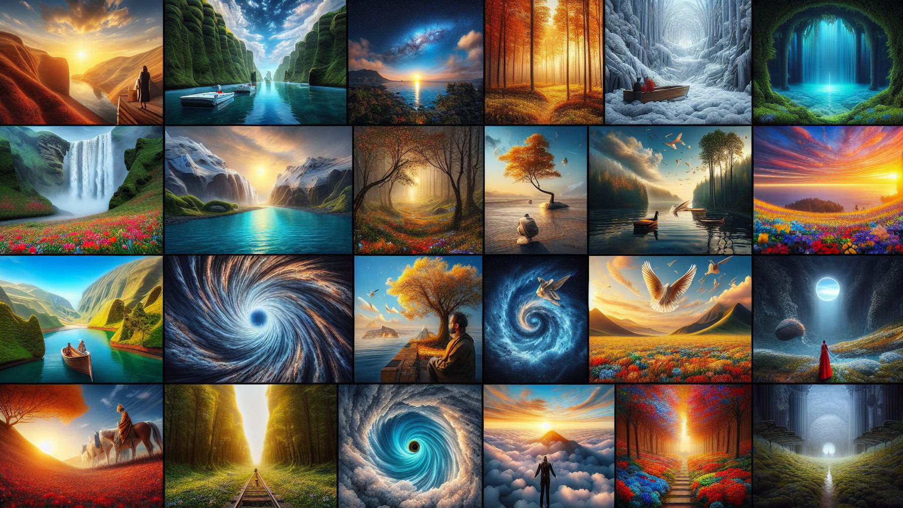 Vibrant Collage of Dreamlike Landscapes and Elements