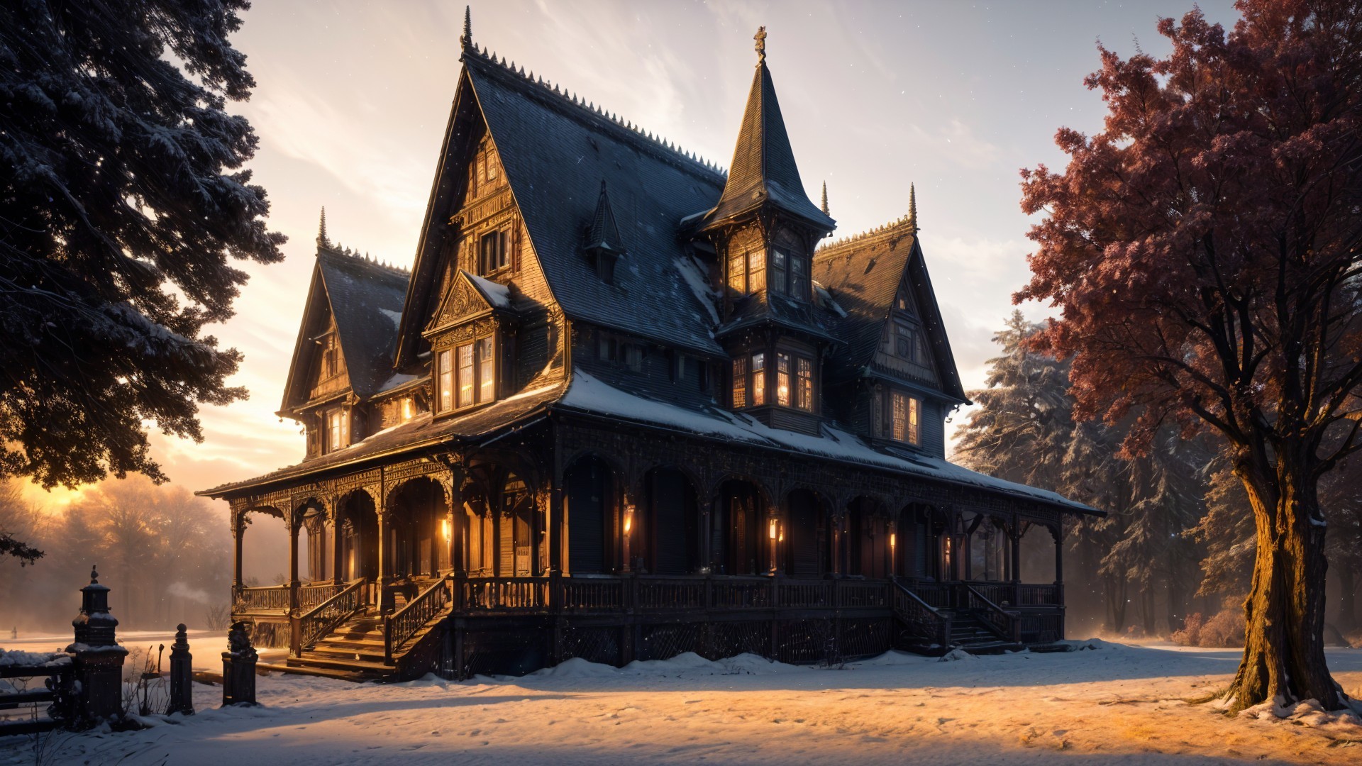 Victorian Mansion in Snowy Landscape with Warm Glow