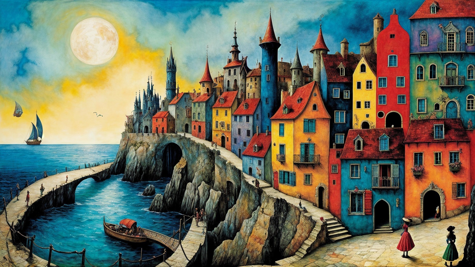 Vibrant Coastal Town with Colorful Buildings and Moon