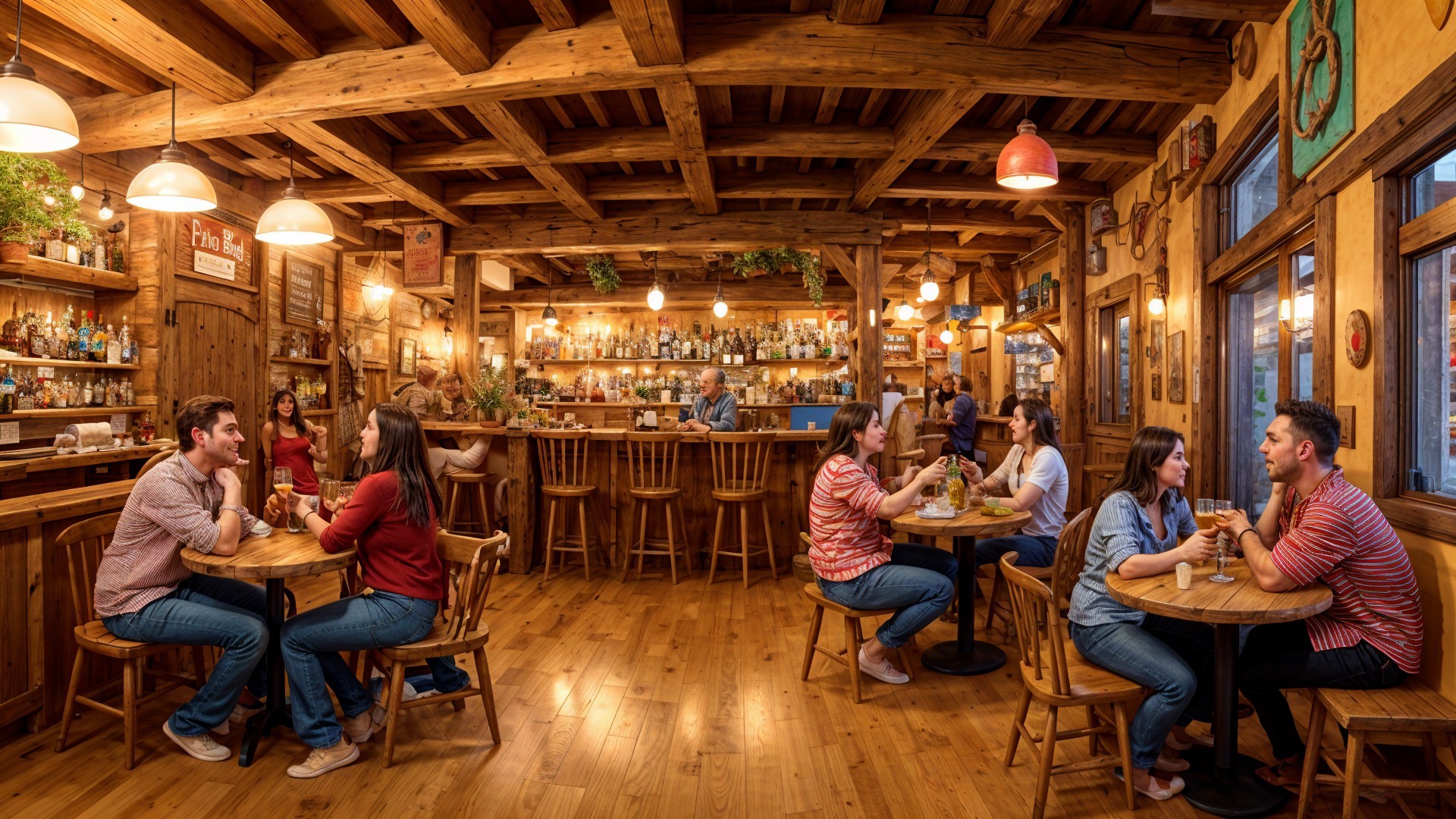 Rustic Bar Setting with Wooden Beams and Cozy Ambiance