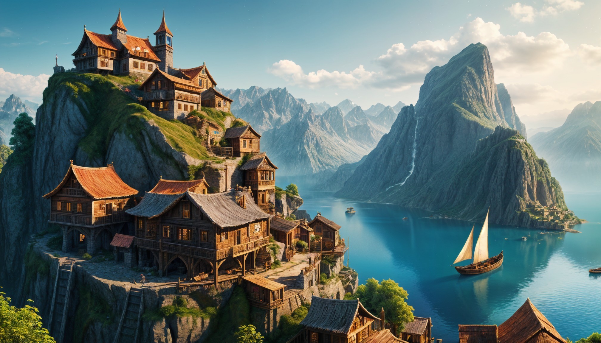 Picturesque Village on Rocky Cliff with Serene Lake