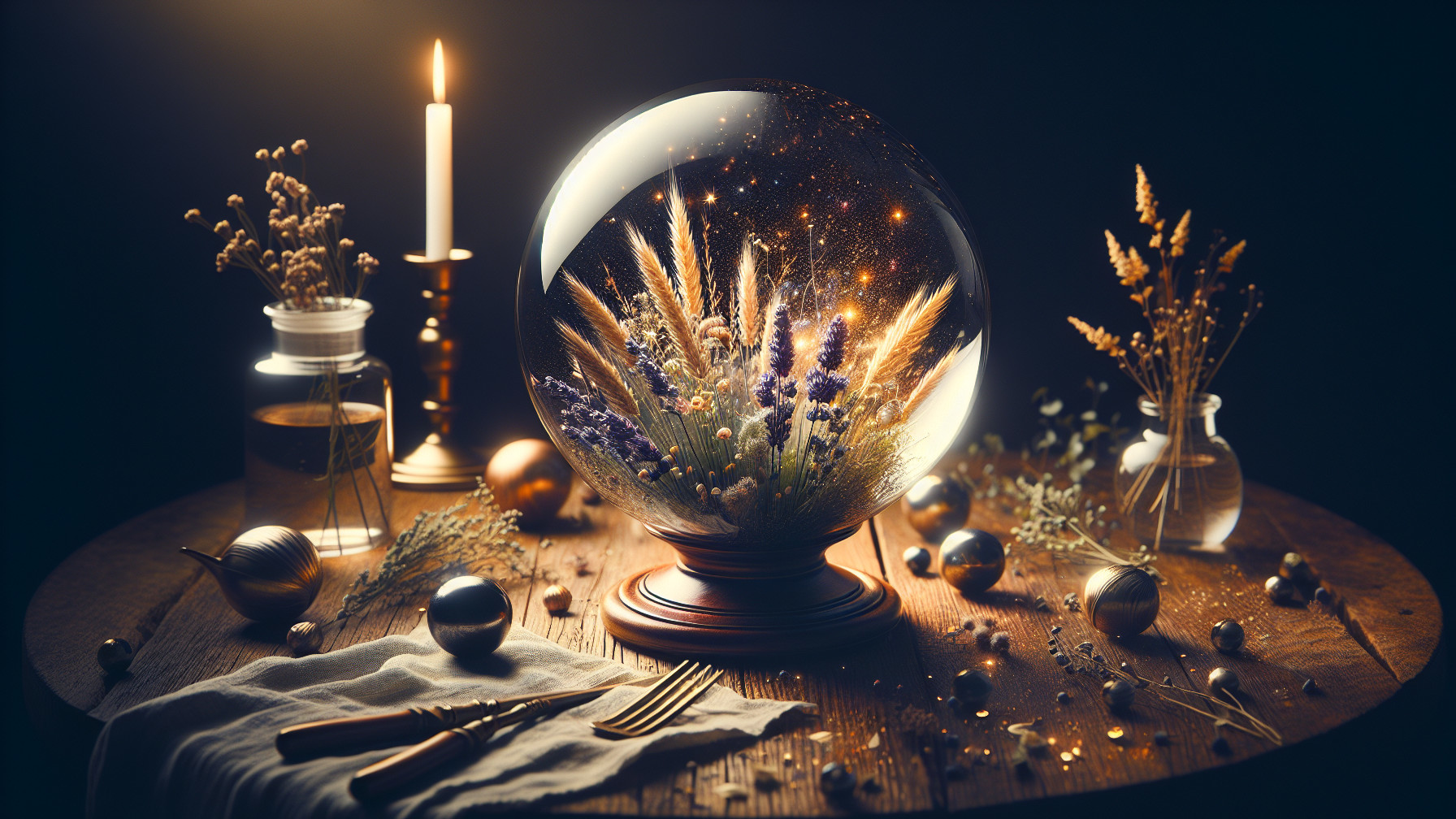 Glass Snow Globe with Dried Flowers on Rustic Table