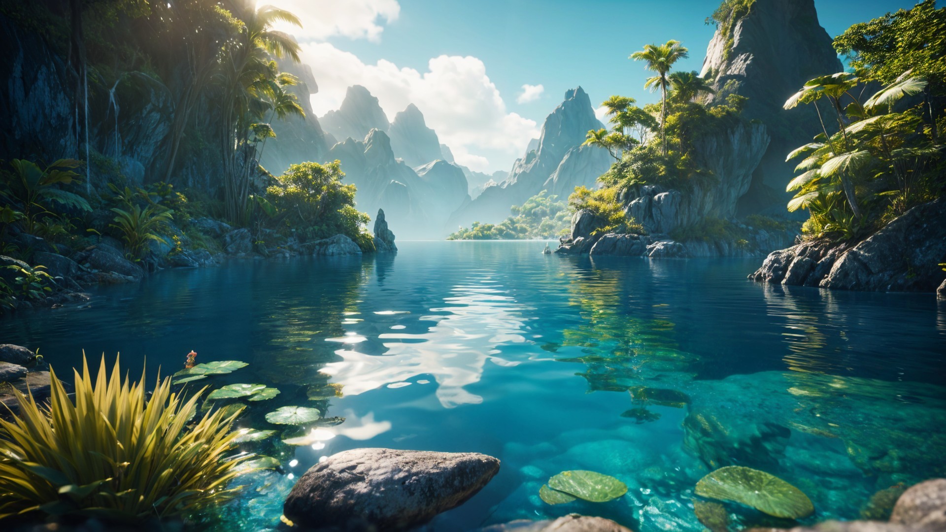 Serene Landscape with Clear Lake and Mountain Backdrop