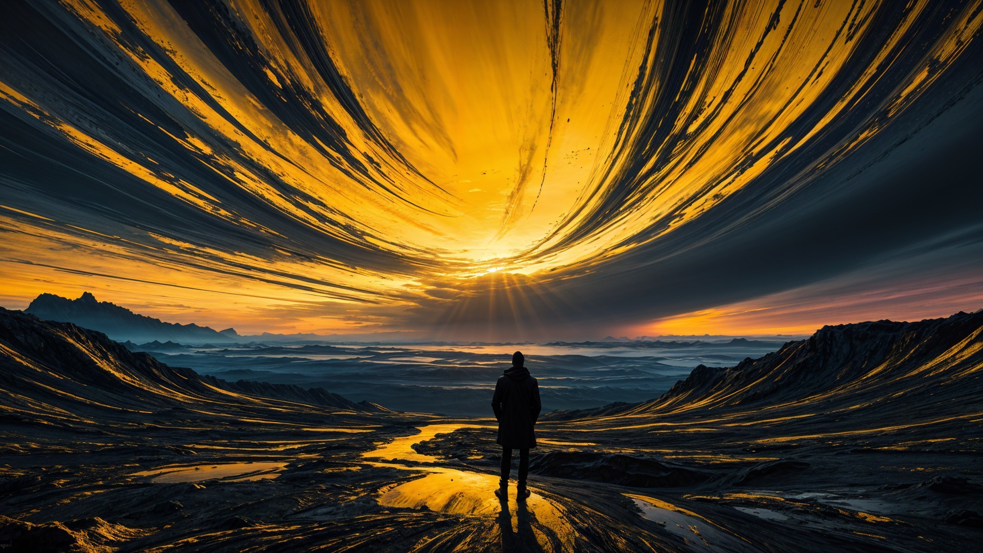 Lone Figure Against Dramatic Sunset and Rugged Terrain