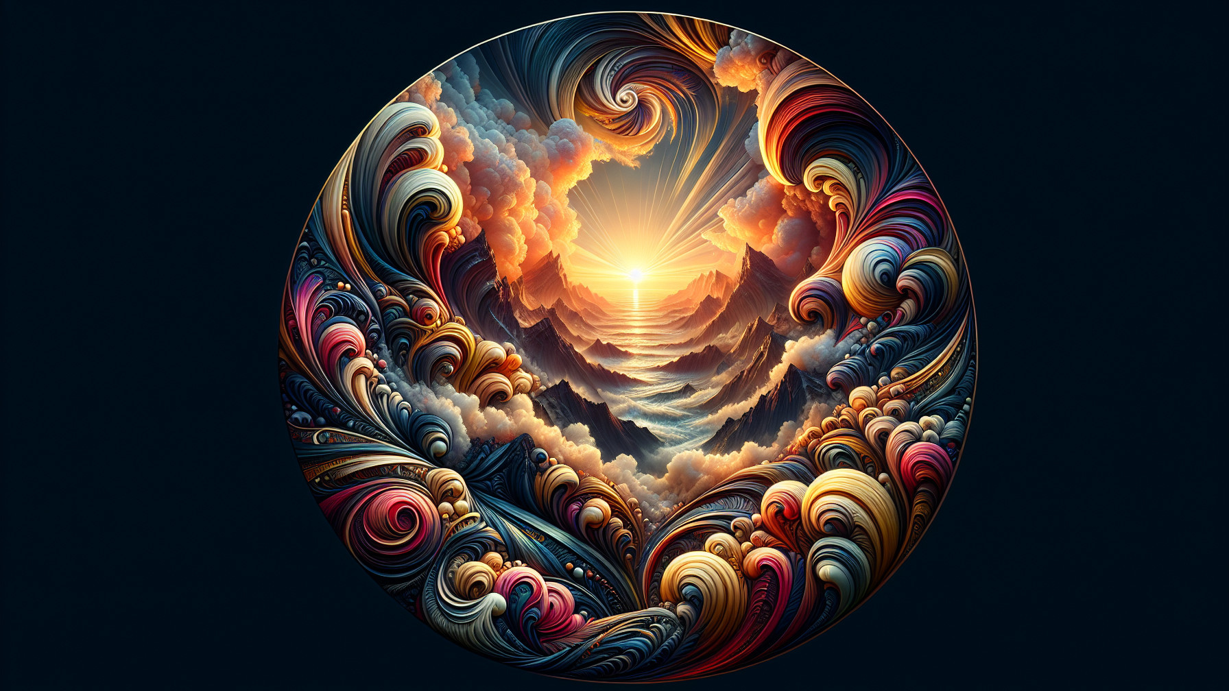 Vibrant Circular Design of Sunrise Over Mountains