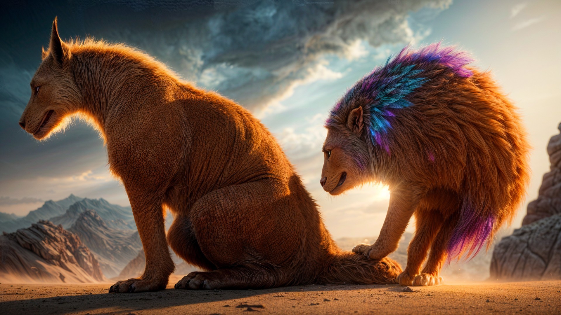 Surreal Creatures in a Dusk Landscape with Mountains