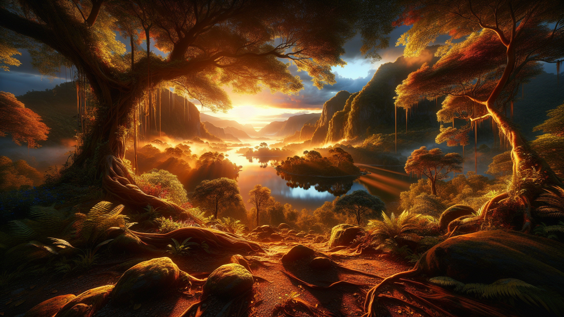 Serene Sunset Landscape with Lake and Mountains