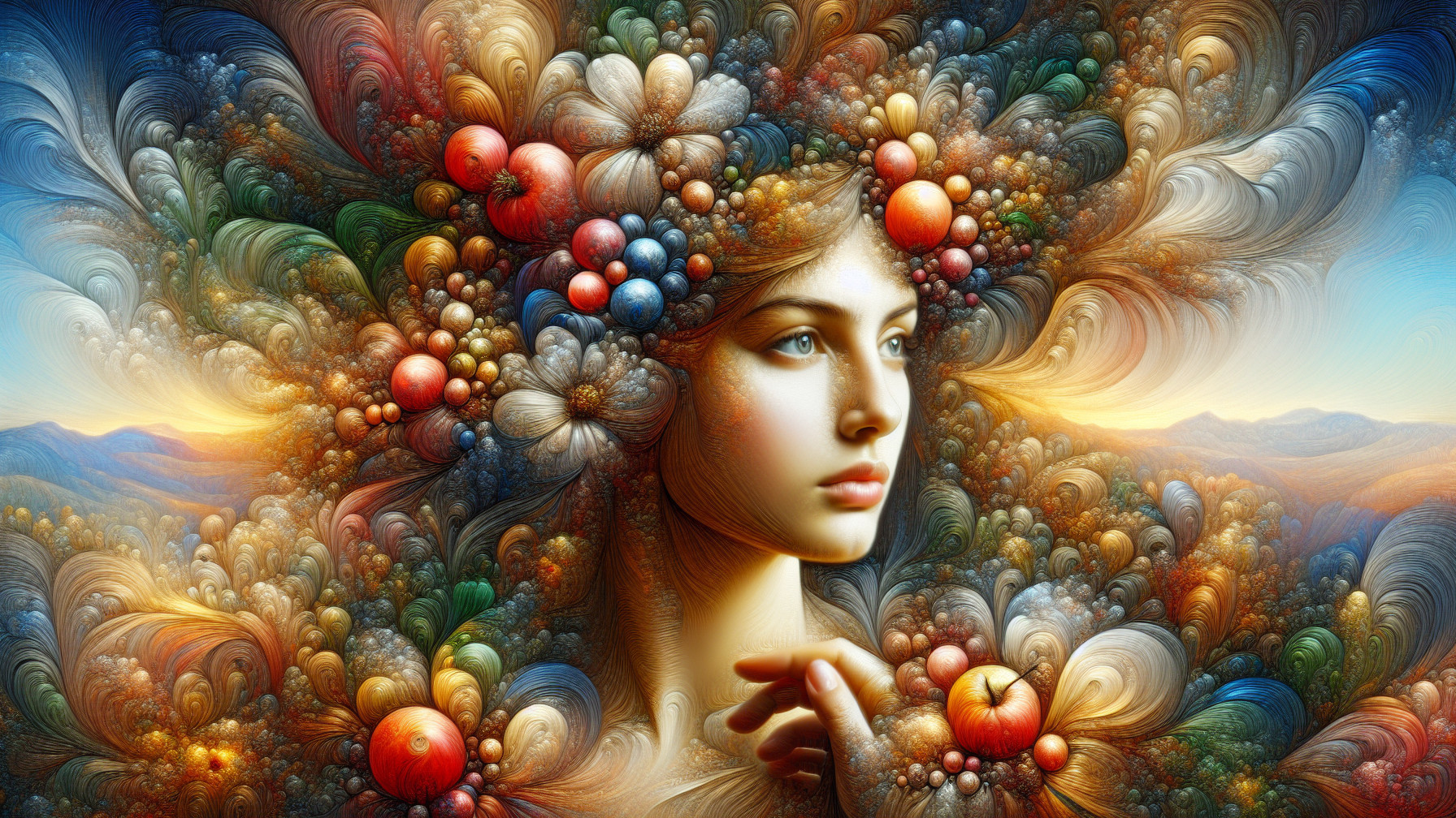Ethereal Female Face Surrounded by Colorful Patterns