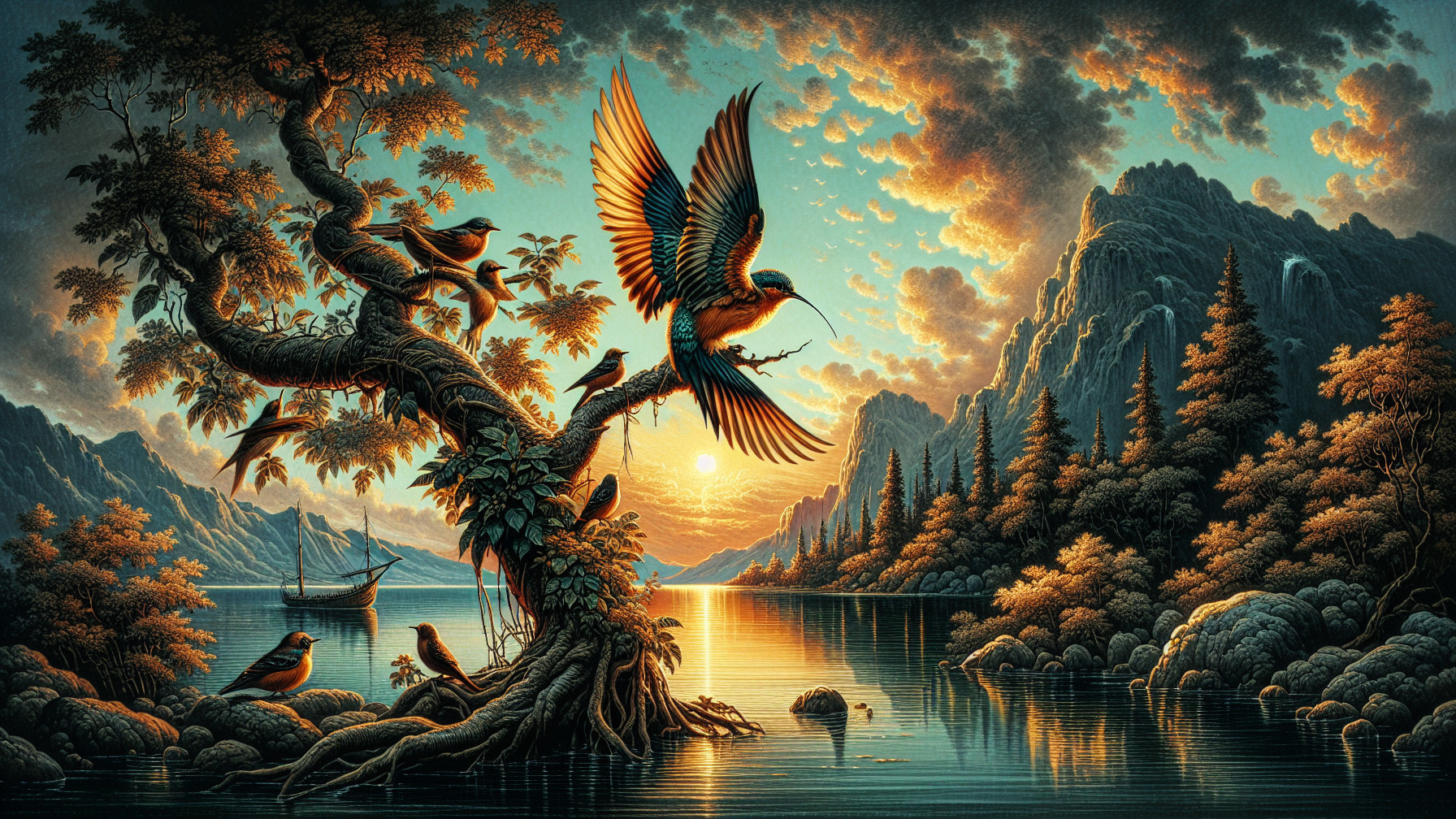 Serene Sunset Landscape with Tree and Lake