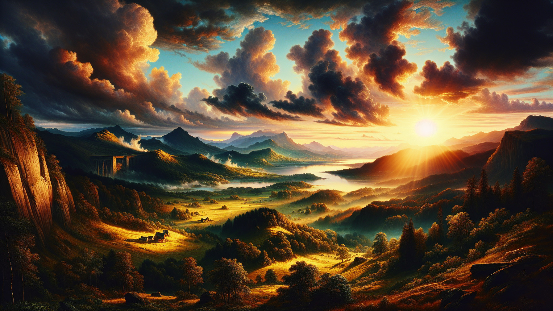 Dawn Landscape with Rolling Hills and Majestic Mountains
