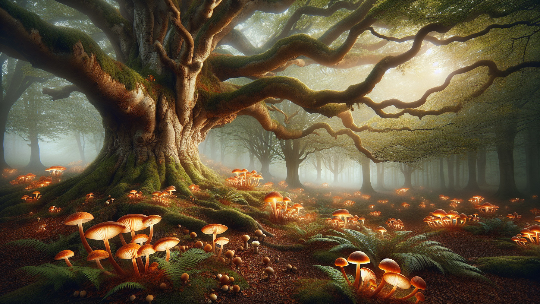 Majestic Tree in Misty Forest with Vibrant Mushrooms