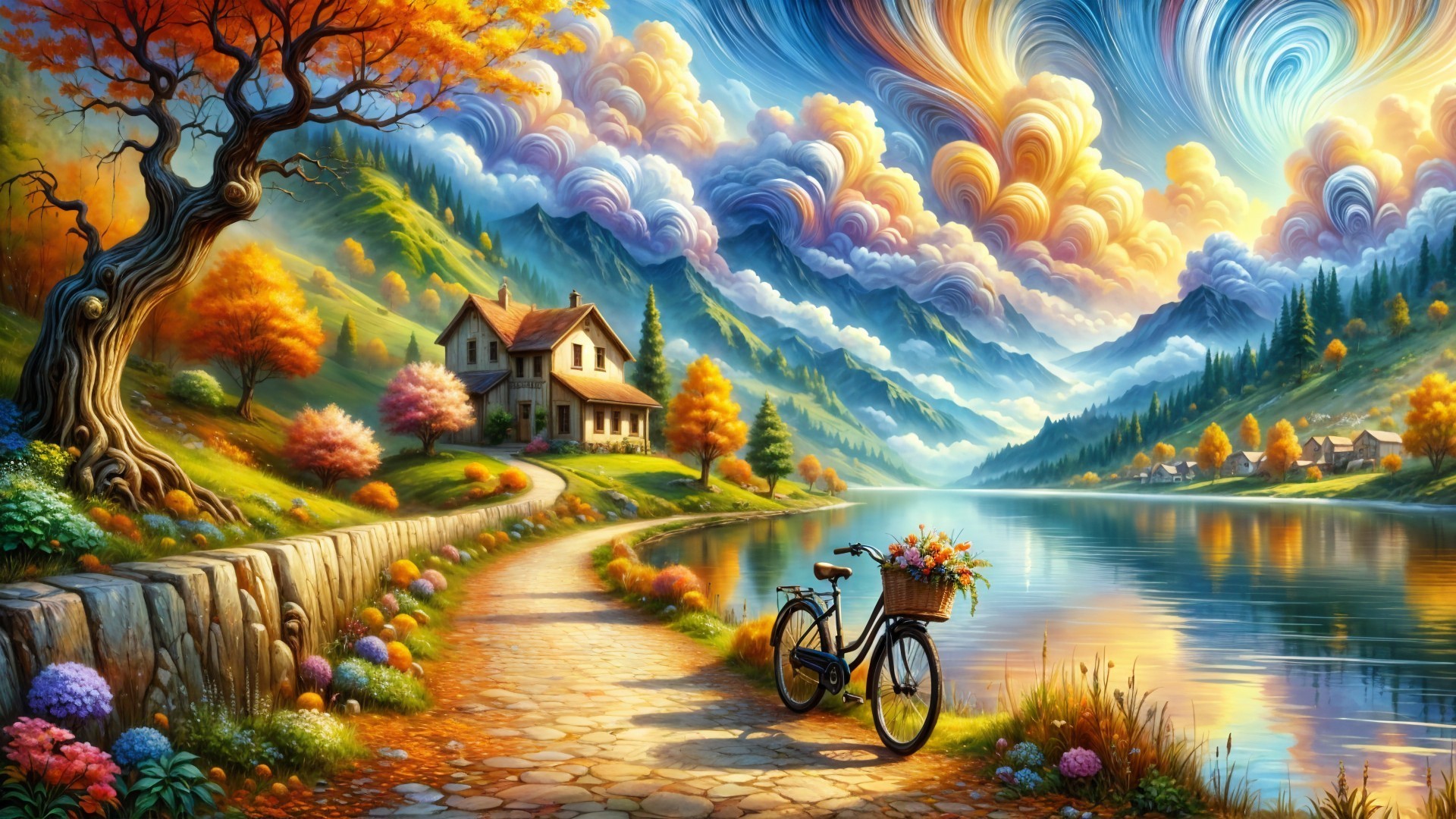 Serene Lake with Charming House and Autumn Foliage