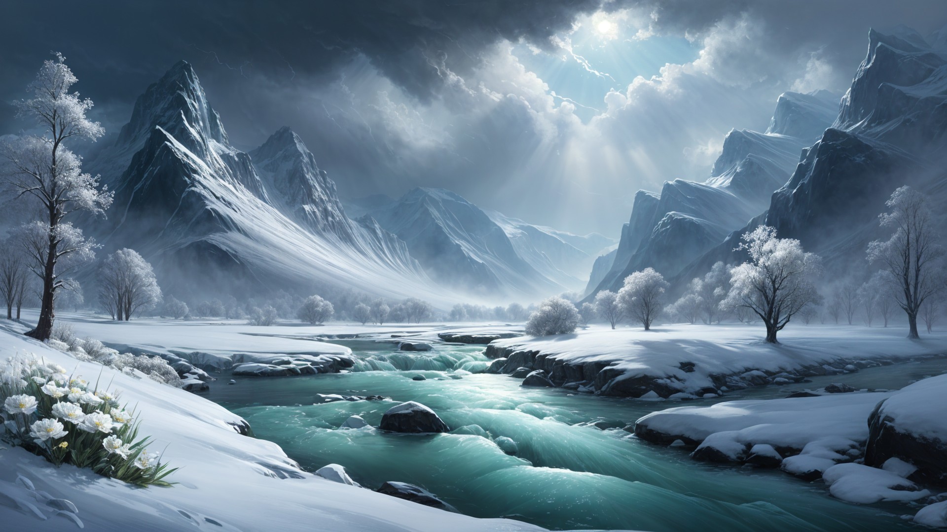 Winter Landscape with Snow-Capped Mountains and River