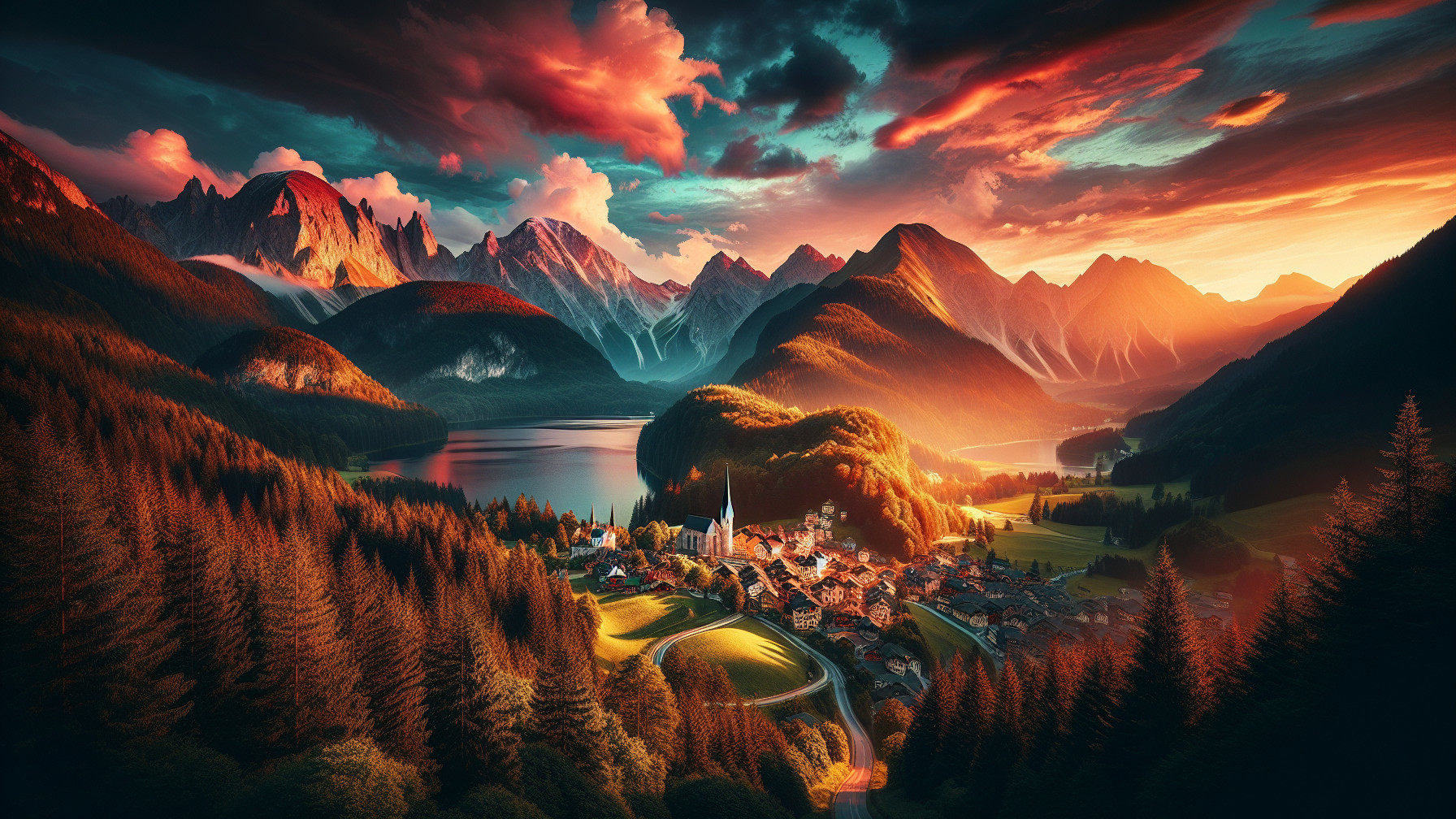 Picturesque Village at Sunset with Majestic Mountains